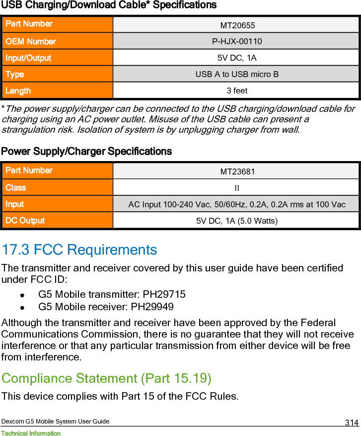  Dexcom G5 Mobile System User Guide Technical Information 315    