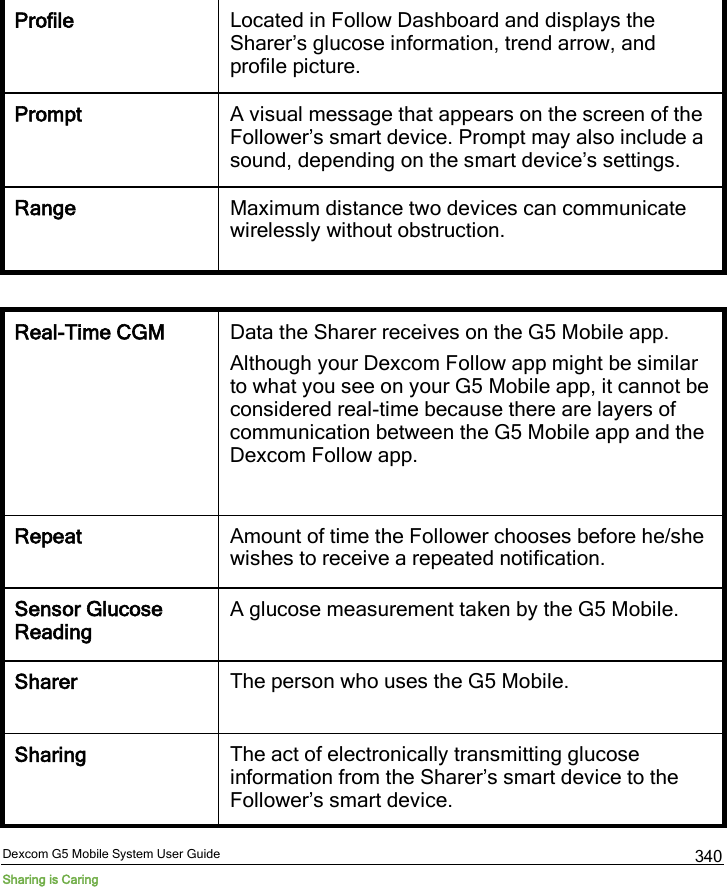  Dexcom G5 Mobile System User Guide Sharing is Caring 340 Profile Located in Follow Dashboard and displays the Sharer’s glucose information, trend arrow, and profile picture. Prompt A visual message that appears on the screen of the Follower’s smart device. Prompt may also include a sound, depending on the smart device’s settings. Range Maximum distance two devices can communicate wirelessly without obstruction.  Real-Time CGM Data the Sharer receives on the G5 Mobile app. Although your Dexcom Follow app might be similar to what you see on your G5 Mobile app, it cannot be considered real-time because there are layers of communication between the G5 Mobile app and the Dexcom Follow app. Repeat Amount of time the Follower chooses before he/she wishes to receive a repeated notification. Sensor Glucose Reading A glucose measurement taken by the G5 Mobile. Sharer The person who uses the G5 Mobile. Sharing The act of electronically transmitting glucose information from the Sharer’s smart device to the Follower’s smart device. 