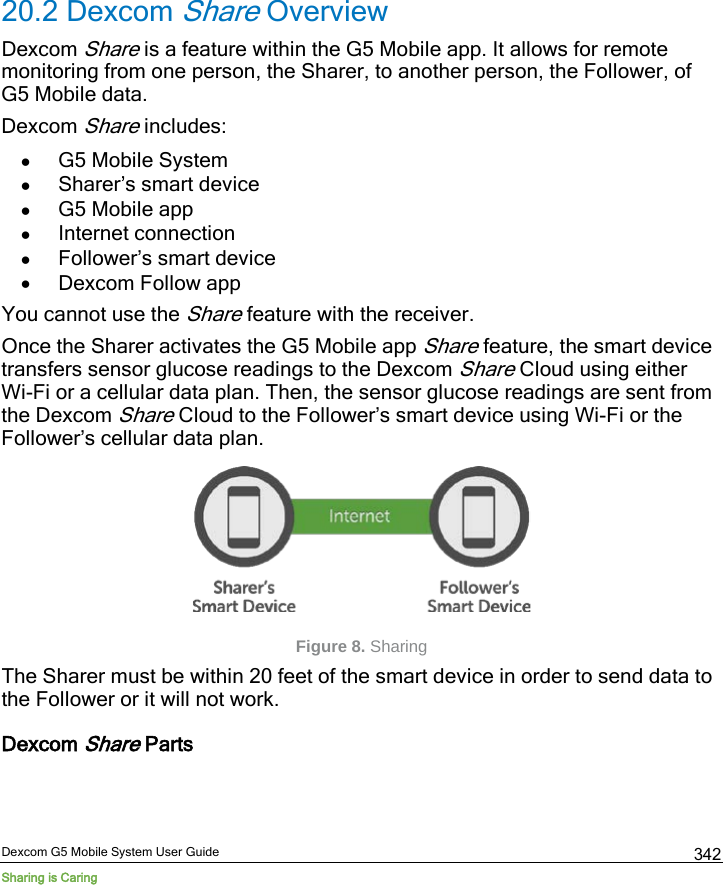  Dexcom G5 Mobile System User Guide Sharing is Caring 342 20.2 Dexcom Share Overview Dexcom Share is a feature within the G5 Mobile app. It allows for remote monitoring from one person, the Sharer, to another person, the Follower, of G5 Mobile data. Dexcom Share includes:  • G5 Mobile System • Sharer’s smart device • G5 Mobile app • Internet connection • Follower’s smart device  • Dexcom Follow app  You cannot use the Share feature with the receiver. Once the Sharer activates the G5 Mobile app Share feature, the smart device transfers sensor glucose readings to the Dexcom Share Cloud using either Wi-Fi or a cellular data plan. Then, the sensor glucose readings are sent from the Dexcom Share Cloud to the Follower’s smart device using Wi-Fi or the Follower’s cellular data plan.  Figure 8. Sharing The Sharer must be within 20 feet of the smart device in order to send data to the Follower or it will not work. Dexcom Share Parts 