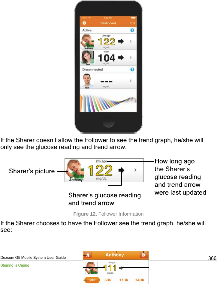  Dexcom G5 Mobile System User Guide Sharing is Caring 366  If the Sharer doesn’t allow the Follower to see the trend graph, he/she will only see the glucose reading and trend arrow.  Figure 12. Follower Information If the Sharer chooses to have the Follower see the trend graph, he/she will see:  
