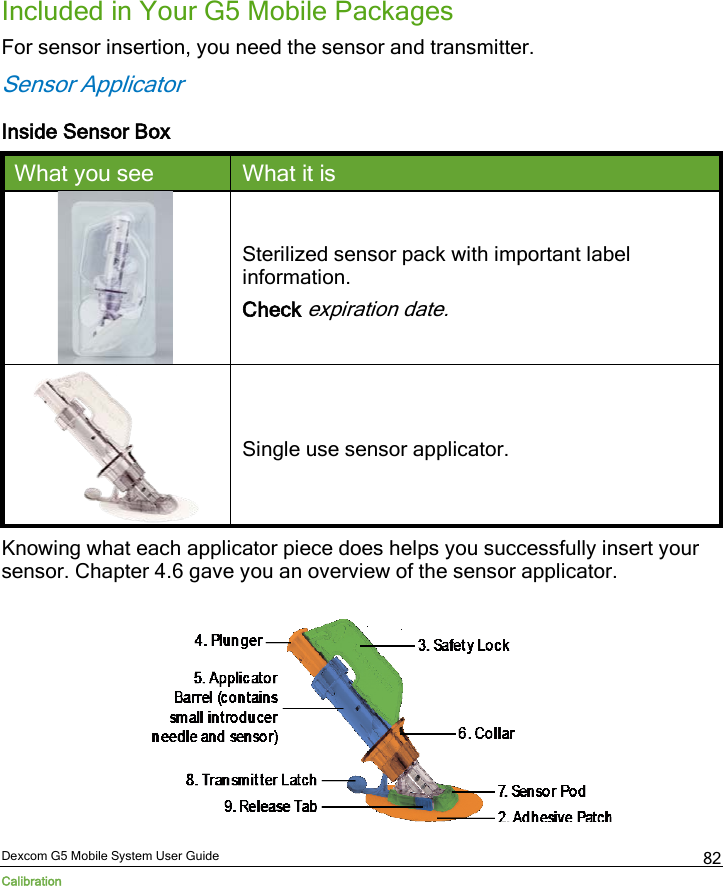  Dexcom G5 Mobile System User Guide Calibration 82 Included in Your G5 Mobile Packages For sensor insertion, you need the sensor and transmitter. Sensor Applicator Inside Sensor Box What you see What it is  Sterilized sensor pack with important label information. Check expiration date.  Single use sensor applicator. Knowing what each applicator piece does helps you successfully insert your sensor. Chapter 4.6 gave you an overview of the sensor applicator.         