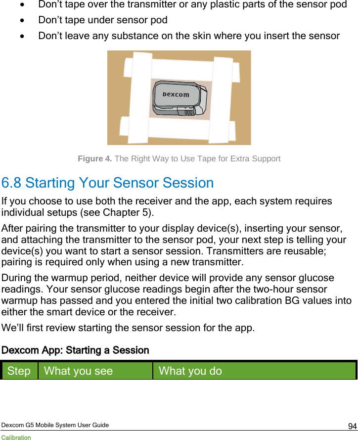  Dexcom G5 Mobile System User Guide Calibration 94 • Don’t tape over the transmitter or any plastic parts of the sensor pod • Don’t tape under sensor pod  • Don’t leave any substance on the skin where you insert the sensor        Figure 4. The Right Way to Use Tape for Extra Support 6.8 Starting Your Sensor Session If you choose to use both the receiver and the app, each system requires individual setups (see Chapter 5).  After pairing the transmitter to your display device(s), inserting your sensor, and attaching the transmitter to the sensor pod, your next step is telling your device(s) you want to start a sensor session. Transmitters are reusable; pairing is required only when using a new transmitter. During the warmup period, neither device will provide any sensor glucose readings. Your sensor glucose readings begin after the two-hour sensor warmup has passed and you entered the initial two calibration BG values into either the smart device or the receiver.  We’ll first review starting the sensor session for the app. Dexcom App: Starting a Session Step What you see What you do 
