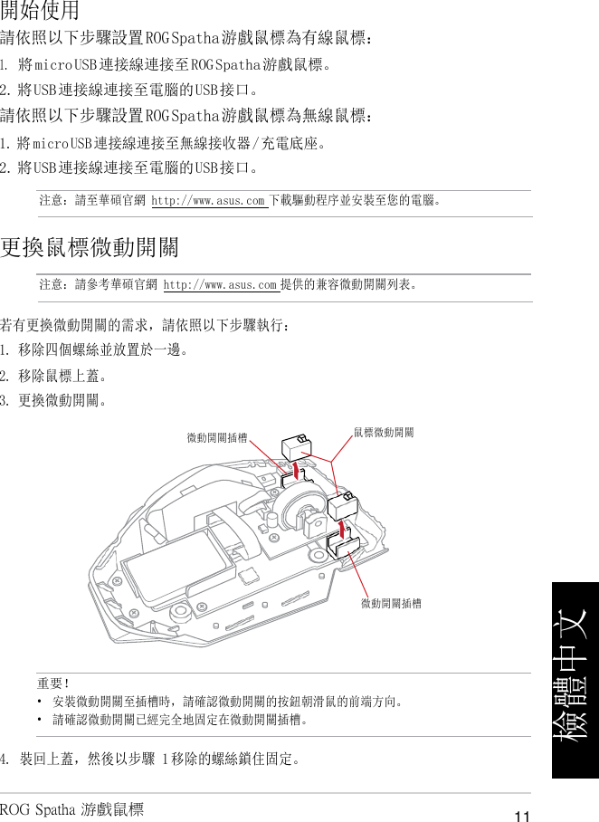 開始使用   請依照以下步驟設置 ROG Spatha 游戲鼠標為有線鼠標： 1. 將 micro USB 連接線連接至 ROG Spatha 游戲鼠標。 2. 將 USB 連接線連接至電腦的 USB 接口。 請依照以下步驟設置 ROG Spatha 游戲鼠標為無線鼠標： 1. 將 micro USB 連接線連接至無線接收器 / 充電底座。 2. 將 USB 連接線連接至電腦的 USB 接口。  注意：請至華碩官網 http://www.asus.com 下載驅動程序並安裝至您的電腦。   更換鼠標微動開關  注意：請參考華碩官網 http://www.asus.com 提供的兼容微動開關列表。   若有更換微動開關的需求，請依照以下步驟執行： 1. 移除四個螺絲並放置於一邊。 2. 移除鼠標上蓋。 3. 更換微動開關。   重要！ • 安裝微動開關至插槽時，請確認微動開關的按鈕朝滑鼠的前端方向。 • 請確認微動開關已經完全地固定在微動開關插槽。 4. 裝回上蓋，然後以步驟 1 移除的螺絲鎖住固定。  ROG Spatha 游戲鼠標 11 微動開關插槽 鼠標微動開關 微動開關插槽 檢體中文 