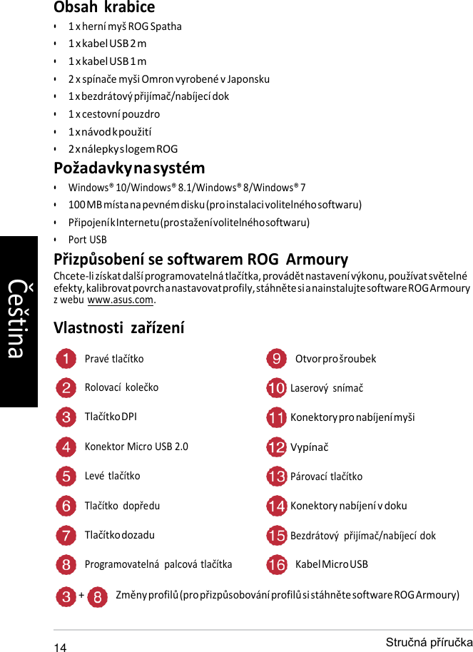   Obsah  krabice • 1 x herní myš ROG Spatha • 1 x kabel USB 2 m • 1 x kabel USB 1 m • 2 x spínače myši Omron vyrobené v Japonsku • 1 x bezdrátový přijímač/nabíjecí dok • 1 x cestovní pouzdro • 1 x návod k použití • 2 x nálepky s logem ROG Požadavky na systém • Windows® 10/Windows® 8.1/Windows® 8/Windows® 7 • 100 MB místa na pevném disku (pro instalaci volitelného softwaru) • Připojení k Internetu (pro stažení volitelného softwaru) • Port USB Přizpůsobení se softwarem ROG  Armoury Chcete-li získat další programovatelná tlačítka, provádět nastavení výkonu, používat světelné efekty, kalibrovat povrch a nastavovat profily, stáhněte si a nainstalujte software ROG Armoury z webu www.asus.com. Vlastnosti  zařízení  Pravé tlačítko Otvor pro šroubek Rolovací  kolečko  Laserový  snímač Tlačítko DPI  Konektory pro nabíjení myši Konektor Micro USB 2.0  Vypínač Levé tlačítko  Párovací tlačítko Tlačítko dopředu  Konektory nabíjení v doku Tlačítko dozadu  Bezdrátový  přijímač/nabíjecí dok Programovatelná  palcová tlačítka Kabel Micro USB  + Změny profilů (pro přizpůsobování profilů si stáhněte software ROG Armoury)  14  Čeština 