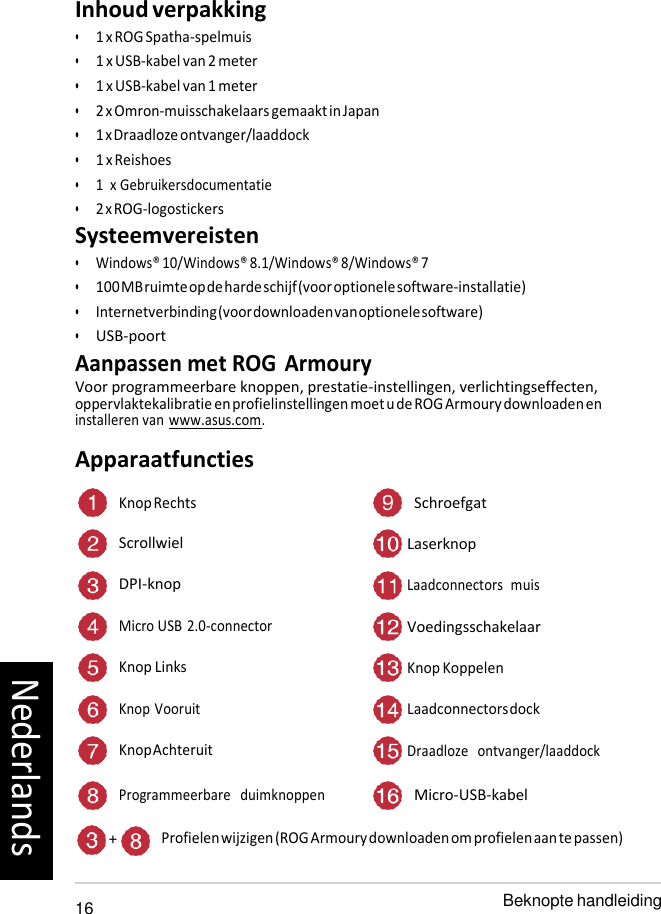   Inhoud verpakking • 1 x ROG Spatha-spelmuis • 1 x USB-kabel van 2 meter • 1 x USB-kabel van 1 meter • 2 x Omron-muisschakelaars gemaakt in Japan • 1 x Draadloze ontvanger/laaddock • 1 x Reishoes • 1  x Gebruikersdocumentatie • 2 x ROG-logostickers Systeemvereisten • Windows® 10/Windows® 8.1/Windows® 8/Windows® 7 • 100 MB ruimte op de harde schijf (voor optionele software-installatie) • Internetverbinding (voor downloaden van optionele software) • USB-poort Aanpassen met ROG Armoury Voor programmeerbare knoppen, prestatie-instellingen, verlichtingseffecten, oppervlaktekalibratie en profielinstellingen moet u de ROG Armoury downloaden en installeren van www.asus.com. Apparaatfuncties  Knop Rechts Schroefgat Scrollwiel  Laserknop DPI-knop  Laadconnectors  muis Micro USB 2.0-connector  Voedingsschakelaar Knop Links  Knop Koppelen Knop Vooruit  Laadconnectors dock Knop Achteruit  Draadloze   ontvanger/laaddock Programmeerbare   duimknoppen Micro-USB-kabel  + Profielen wijzigen (ROG Armoury downloaden om profielen aan te passen)  16 Beknopte handleiding Nederlands 