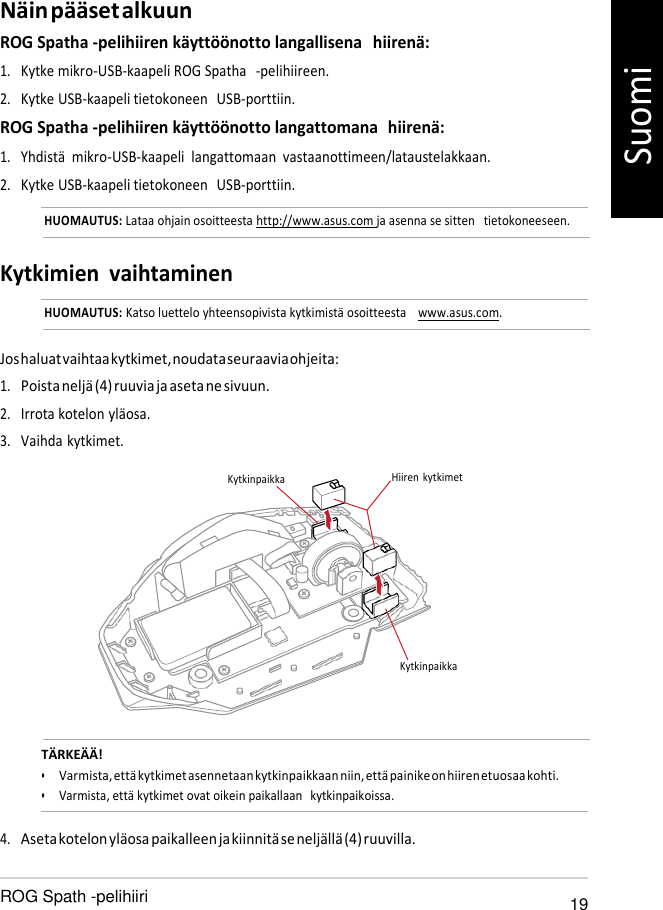   Kytkinpaikka Näin pääset alkuun ROG Spatha -pelihiiren käyttöönotto langallisena   hiirenä: 1. Kytke mikro-USB-kaapeli ROG Spatha   -pelihiireen. 2. Kytke USB-kaapeli tietokoneen  USB-porttiin. ROG Spatha -pelihiiren käyttöönotto langattomana  hiirenä: 1. Yhdistä  mikro-USB-kaapeli  langattomaan  vastaanottimeen/lataustelakkaan. 2. Kytke USB-kaapeli tietokoneen  USB-porttiin. HUOMAUTUS: Lataa ohjain osoitteesta http://www.asus.com ja asenna se sitten   tietokoneeseen.   Kytkimien  vaihtaminen HUOMAUTUS: Katso luettelo yhteensopivista kytkimistä osoitteesta    www.asus.com.   Jos haluat vaihtaa kytkimet, noudata seuraavia ohjeita: 1. Poista neljä (4) ruuvia ja aseta ne sivuun. 2. Irrota kotelon yläosa. 3. Vaihda kytkimet.  Kytkinpaikka  Hiiren  kytkimet            TÄRKEÄÄ! • Varmista, että kytkimet asennetaan kytkinpaikkaan niin, että painike on hiiren etuosaa kohti. • Varmista, että kytkimet ovat oikein paikallaan   kytkinpaikoissa.  4. Aseta kotelon yläosa paikalleen ja kiinnitä se neljällä (4) ruuvilla.  ROG Spath -pelihiiri 19 Suomi 