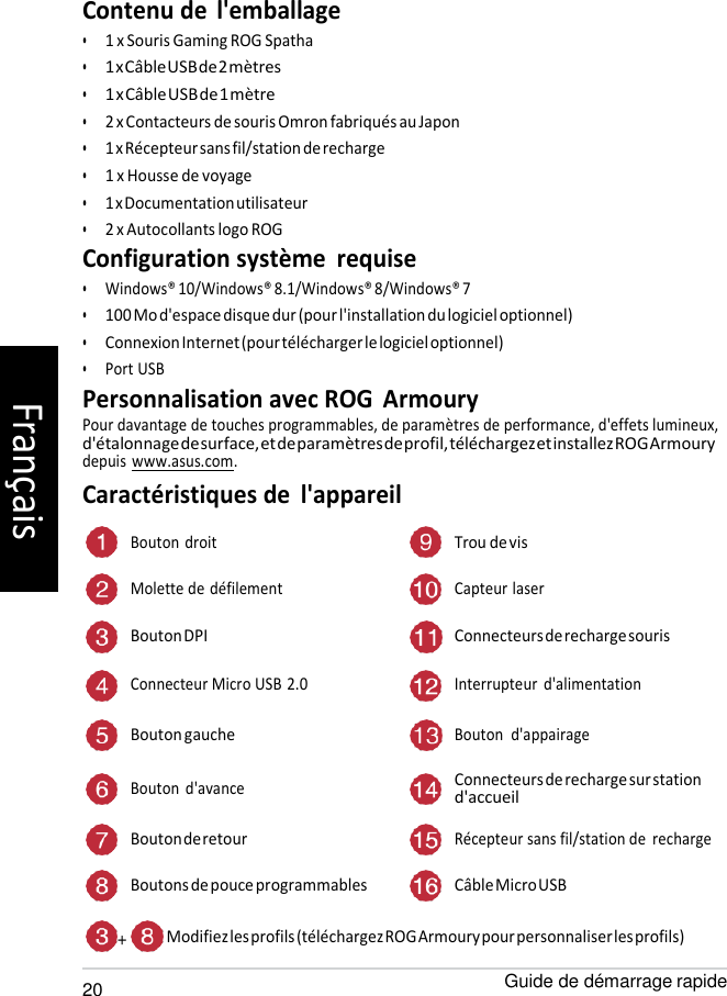   Contenu de  l&apos;emballage • 1 x Souris Gaming ROG Spatha • 1 x Câble USB de 2 mètres • 1 x Câble USB de 1 mètre • 2 x Contacteurs de souris Omron fabriqués au Japon • 1 x Récepteur sans fil/station de recharge • 1 x Housse de voyage • 1 x Documentation utilisateur • 2 x Autocollants logo ROG Configuration système  requise • Windows® 10/Windows® 8.1/Windows® 8/Windows® 7 • 100 Mo d&apos;espace disque dur (pour l&apos;installation du logiciel optionnel) • Connexion Internet (pour télécharger le logiciel optionnel) • Port USB Personnalisation avec ROG Armoury Pour davantage de touches programmables, de paramètres de performance, d&apos;effets lumineux, d&apos;étalonnage de surface, et de paramètres de profil, téléchargez et installez ROG Armoury depuis www.asus.com. Caractéristiques de  l&apos;appareil  Bouton droit Trou de vis Molette de défilement Capteur laser Bouton DPI Connecteurs de recharge souris Connecteur Micro USB 2.0 Interrupteur  d&apos;alimentation Bouton gauche Bouton  d&apos;appairage  Bouton d&apos;avance Connecteurs de recharge sur station d&apos;accueil Bouton de retour Récepteur sans fil/station de  recharge Boutons de pouce programmables Câble Micro USB  +  Modifiez les profils (téléchargez ROG Armoury pour personnaliser les profils)  20 Guide de démarrage rapide Français 