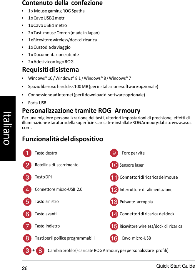   Contenuto della  confezione • 1 x Mouse gaming ROG Spatha • 1 x Cavo USB 2 metri • 1 x Cavo USB 1 metro • 2 x Tasti mouse Omron (made in Japan) • 1 x Ricevitore wireless/dock di ricarica • 1 x Custodia da viaggio • 1 x Documentazione utente • 2 x Adesivi con logo ROG Requisiti di sistema • Windows® 10 / Windows® 8.1 / Windows® 8 / Windows® 7 • Spazio libero su hard disk 100 MB (per installazione software opzionale) • Connessione ad Internet (per il download di software opzionale) • Porta USB Personalizzazione tramite ROG  Armoury Per una migliore personalizzazione dei tasti, ulteriori impostazioni di precisione, effetti di illuminazione e taratura della superficie scaricate e installate ROG Armoury dal sito www.asus. com. Funzionalità del dispositivo  Tasto destro Foro per vite Rotellina di  scorrimento  Sensore laser Tasto DPI  Connettori di ricarica del mouse Connettore micro-USB  2.0  Interruttore di  alimentazione Tasto sinistro  Pulsante  accoppia Tasto avanti  Connettori di ricarica del dock Tasto indietro  Ricevitore wireless/dock di  ricarica Tasti per il pollice programmabili Cavo  micro-USB + Cambia profilo (scaricate ROG Armoury per personalizzare i profili)  26 Quick Start Guide Italiano 