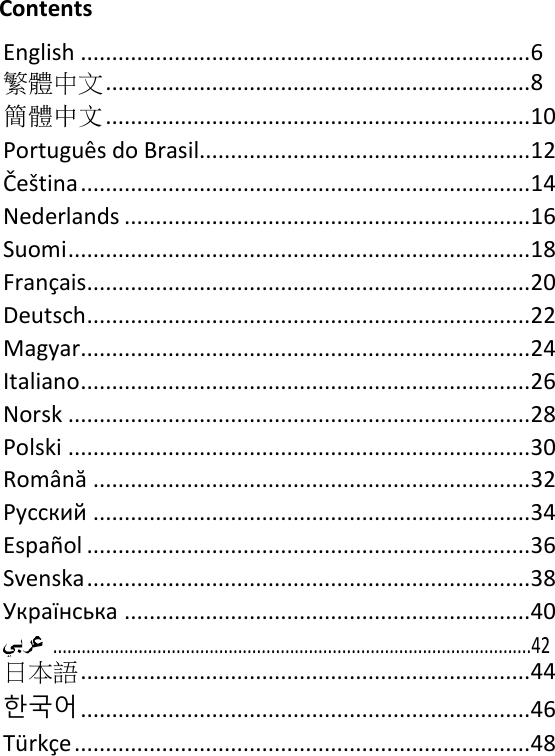 Contents English ........................................................................ 6 繁體中文 .................................................................... 8 簡體中文 .................................................................... 10 Português do Brasil..................................................... 12 Čeština ........................................................................ 14 Nederlands ................................................................. 16 Suomi .......................................................................... 18 Français....................................................................... 20 Deutsch ....................................................................... 22 Magyar........................................................................ 24 Italiano ........................................................................ 26 Norsk .......................................................................... 28 Polski .......................................................................... 30 Română ...................................................................... 32 Русский ...................................................................... 34 Español ....................................................................... 36 Svenska ....................................................................... 38 Українська ................................................................. 40   .....................................................................................................42 日本語 ........................................................................ 44 한국어 ........................................................................ 46 Türkçe ......................................................................... 48 