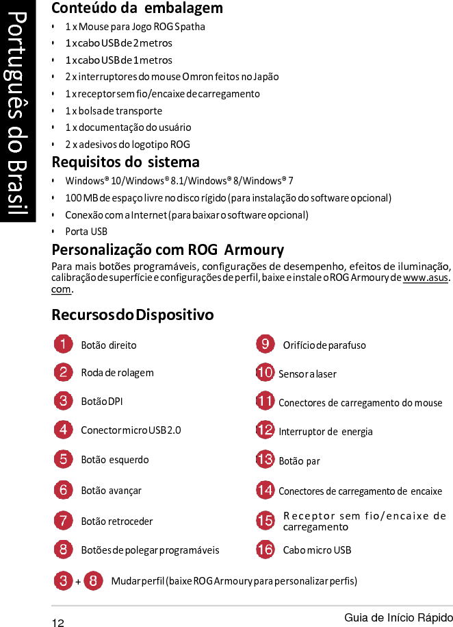   Conteúdo da  embalagem • 1 x Mouse para Jogo ROG Spatha • 1 x cabo USB de 2 metros • 1 x cabo USB de 1 metros • 2 x interruptores do mouse Omron feitos no Japão • 1 x receptor sem fio/encaixe de carregamento • 1 x bolsa de transporte • 1 x documentação do usuário • 2 x adesivos do logotipo ROG Requisitos do sistema • Windows® 10/Windows® 8.1/Windows® 8/Windows® 7 • 100 MB de espaço livre no disco rígido (para instalação do software opcional) • Conexão com a Internet (para baixar o software opcional) • Porta USB Personalização com ROG  Armoury Para mais botões programáveis, configurações de desempenho, efeitos de iluminação, calibração de superfície e configurações de perfil, baixe e instale o ROG Armoury de www.asus. com. Recursos do Dispositivo  Botão direito Orifício de parafuso Roda de rolagem  Sensor a laser Botão DPI  Conectores de carregamento do mouse Conector micro USB 2.0  Interruptor de energia Botão  esquerdo  Botão par Botão avançar  Conectores de carregamento de encaixe  Botão retroceder R ec eptor sem f io/en caixe   de carregamento Botões de polegar programáveis Cabo micro USB  + Mudar perfil (baixe ROG Armoury para personalizar perfis)  12 Guia de Início Rápido Português do Brasil 