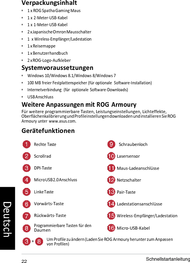   Verpackungsinhalt • 1 x ROG Spatha Gaming Maus • 1 x 2-Meter-USB-Kabel • 1 x 1-Meter-USB-Kabel • 2 x Japanische Omron Mausschalter • 1  x Wireless-Empfänger/Ladestation • 1 x Reisemappe • 1 x Benutzerhandbuch • 2 x ROG-Logo-Aufkleber Systemvoraussetzungen • Windows 10/Windows 8.1/Windows 8/Windows 7 • 100 MB freier Festplattenspeicher (für optionale  Software-Installation) • Internetverbindung  (für  optionale Software-Downloads) • USB Anschluss Weitere Anpassungen mit ROG Armoury Für weitere programmierbare Tasten, Leistungseinstellungen, Lichteffekte, Oberflächenkalibrierung und Profileinstellungen downloaden und installieren Sie ROG Armoury unter www.asus.com. Gerätefunktionen  Rechte Taste Schraubenloch Scrollrad  Lasersensor DPI-Taste  Maus-Ladeanschlüsse Micro USB 2.0 Anschluss  Netzschalter Linke Taste  Pair-Taste Vorwärts-Taste  Ladestationsanschlüsse Rückwärts-Taste  Wireless-Empfänger/Ladestation Programmierbare Tasten für den Daumen  Micro-USB-Kabel + Um Profile zu ändern (Laden Sie ROG Armoury herunter zum Anpassen von Profilen)  22 Schnellstartanleitung Deutsch 