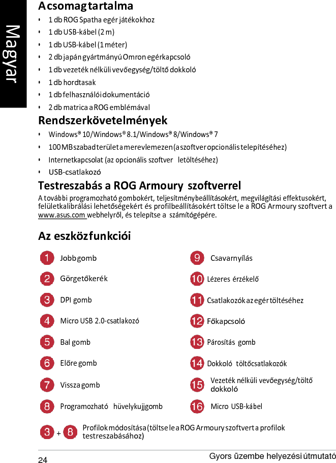   A csomag tartalma • 1 db ROG Spatha egér játékokhoz • 1 db USB-kábel (2 m) • 1 db USB-kábel (1 méter) • 2 db japán gyártmányú Omron egérkapcsoló • 1 db vezeték nélküli vevőegység/töltő dokkoló • 1 db hordtasak • 1 db felhasználói dokumentáció • 2 db matrica a ROG emblémával Rendszerkövetelmények • Windows® 10/Windows® 8.1/Windows® 8/Windows® 7 • 100 MB szabad terület a merevlemezen (a szoftver opcionális telepítéséhez) • Internetkapcsolat (az opcionális szoftver   letöltéséhez) • USB-csatlakozó Testreszabás a ROG Armoury szoftverrel A további programozható gombokért, teljesítménybeállításokért, megvilágítási effektusokért, felületkalibrálási lehetőségekért és profilbeállításokért töltse le a ROG Armoury szoftvert a www.asus.com webhelyről, és telepítse a  számítógépére.  Az eszköz funkciói  Jobb gomb Csavarnyílás Görgetőkerék  Lézeres érzékelő DPI gomb  Csatlakozók az egér töltéséhez Micro USB 2.0-csatlakozó  Főkapcsoló Bal gomb  Párosítás  gomb Előre gomb  Dokkoló  töltőcsatlakozók Vissza gomb Vezeték nélküli vevőegység/töltő dokkoló Programozható   hüvelykujjgomb Micro USB-kábel  Profilok módosítása (töltse le a ROG Armoury szoftvert a profilok testreszabásához)  24 Gyors üzembe helyezési útmutató + Magyar 