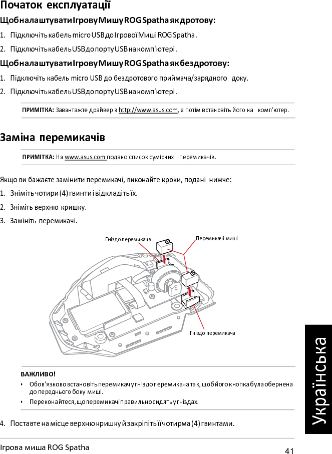   Гніздо перемикача Початок експлуатації Щоб налаштувати Ігрову Мишу ROG Spatha як дротову: 1. Підключіть кабель micro USB до Ігрової Миші ROG Spatha. 2. Підключіть кабель USB до порту USB на комп&apos;ютері. Щоб налаштувати Ігрову Мишу ROG Spatha як бездротову: 1. Підключіть кабель micro USB до бездротового приймача/зарядного  доку. 2. Підключіть кабель USB до порту USB на комп&apos;ютері. ПРИМІТКА: Завантажте драйвер з http://www.asus.com, а потім встановіть його на  комп&apos;ютер.   Заміна перемикачів ПРИМІТКА: На www.asus.com подано список сумісних   перемикачів.   Якщо ви бажаєте замінити перемикачі, виконайте кроки, подані нижче: 1. Зніміть чотири (4) гвинти і відкладіть їх. 2. Зніміть верхню кришку. 3. Замініть перемикачі.  Гніздо перемикача  Перемикачі миші            ВАЖЛИВО! • Обов&apos;язково встановіть перемикач у гніздо перемикача так, щоб його кнопка була обернена до переднього боку миші. • Переконайтеся, що перемикачі правильно сидять у гніздах.  4. Поставте на місце верхню кришку й закріпіть її чотирма (4) гвинтами.  Ігрова миша ROG Spatha 41 Українська 