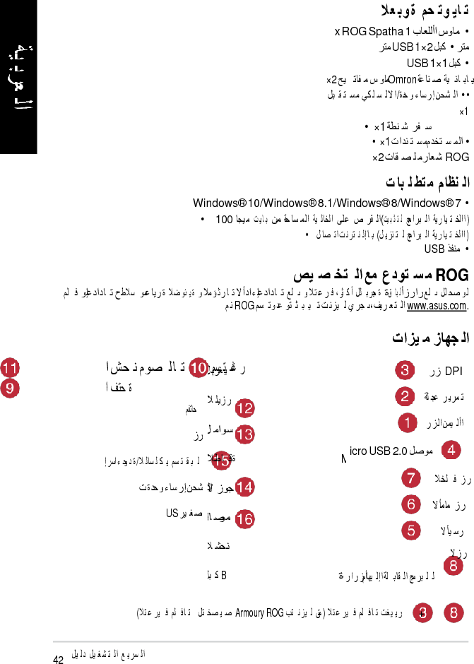   Hungar ian        x ROG Spatha 1     USB 1×2    USB 1×1   ×2      Omron                 /          ×1  ×1       ×1         ×2        ROG         Windows® 10/Windows® 8.1/Windows® 8/Windows® 7     100                   (              )               (                   ) USB            ROG                                              .www.asus.com                  ROG                                                       /           US     DPI                     icro USB 2.0                                          +             )     Armoury ROG               (              42               M             B   