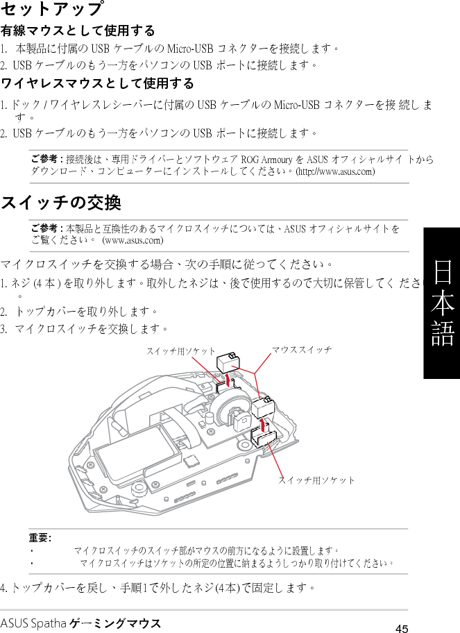   セットアップ 有線マウスとして使用する 1.   本製品に付属の USB ケーブルの Micro-USB コネクターを接続します。 2.  USB ケーブルのもう一方をパソコンの USB ポートに接続します。 ワイヤレスマウスとして使用する 1. ドック / ワイヤレスレシーバーに付属の USB ケーブルの Micro-USB コネクターを接 続します。 2.  USB ケーブルのもう一方をパソコンの USB ポートに接続します。  ご参考 : 接続後は、専用ドライバーとソフトウェア ROG Armoury を ASUS オフィシャルサイ トからダウンロード、コンピューターにインストールしてください。(http://www.asus.com)   スイッチの交換 ご参考 : 本製品と互換性のあるマイクロスイッチについては、ASUS オフィシャルサイト を ご覧ください。  (www.asus.com)  マイクロスイッチを交換する場合、次の手順に従ってください。 1. ネジ (4 本 ) を取り外します。取外したネジは、後で使用するので大切に保管してく ださい。 2.   トップカバーを取り外します。 3.   マイクロスイッチを交換します。  スイッチ用ソケット  マウススイッチ       スイッチ用ソケット   重要 : •                      マイクロスイッチのスイッチ部がマウスの前方になるように設置します。 •                          マイクロスイッチはソケットの所定の位置に納まるようしっかり取り付けてください。 4. トップカバーを戻し、手順 1 で外したネジ (4 本 ) で固定します。  ASUS Spatha ゲーミングマウス 45 日 本 語 