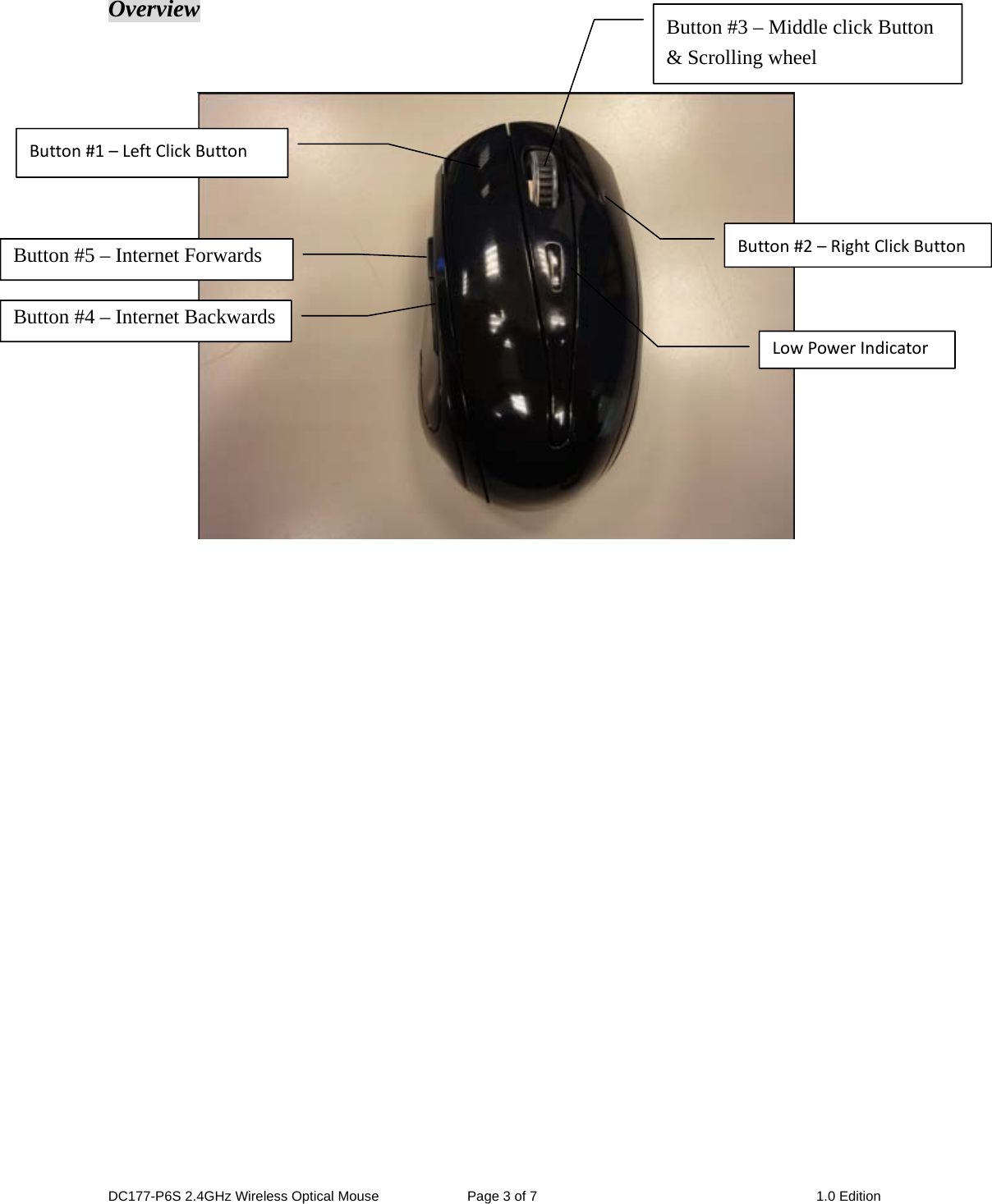 Overview    Button #3 – Middle click Button &amp; Scrolling wheel Button#1–LeftClickButtonButton#2–RightClickButtonLowPowerIndicatorButton #5 – Internet Forwards Button #4 – Internet Backwards                     DC177-P6S 2.4GHz Wireless Optical Mouse  Page 3 of 7  1.0 Edition  