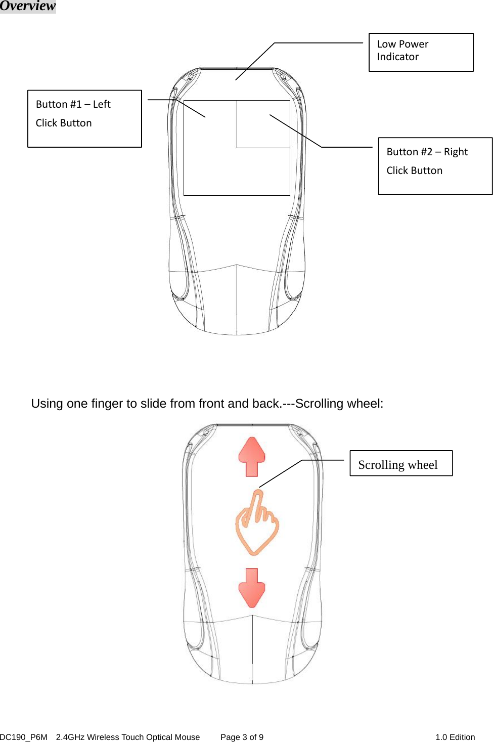 DC190_P6M    2.4GHz Wireless Touch Optical Mouse  Page 3 of 9  1.0 Edition  Overview      Using one finger to slide from front and back.---Scrolling wheel:   LowPowerIndicatorButton#2–RightClickButtonButton#1–LeftClickButtonScrolling wheel 