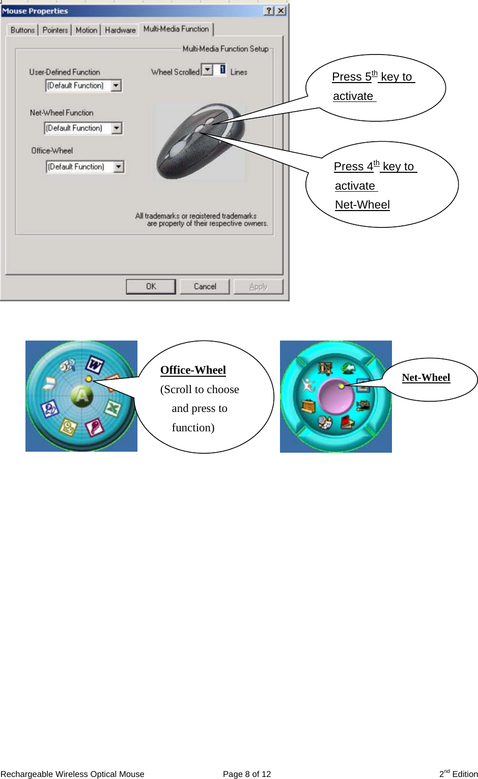  Press 5th key to activate Press 4th key to activate Net-Wheel       Office-Wheel (Scroll to choose and press to function)Net-WheelRechargeable Wireless Optical Mouse  Page 8 of 12  2nd Edition 