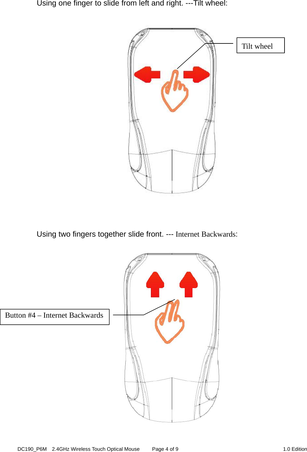 DC190_P6M    2.4GHz Wireless Touch Optical Mouse  Page 4 of 9  1.0 Edition  Using one finger to slide from left and right. ---Tilt wheel:     Using two fingers together slide front. --- Internet Backwards:    Button #4 – Internet Backwards Tilt wheel   