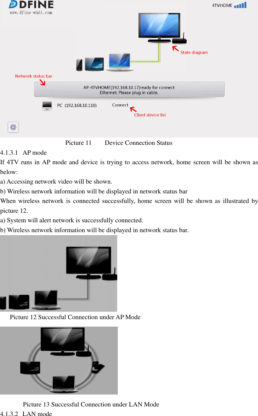                                           Picture 11        Device Connection Status   4.1.3.1 AP mode   If 4TV runs in AP mode and device is trying to access network, home screen will be shown as below: a) Accessing network video will be shown.     b) Wireless network information will be displayed in network status bar When wireless  network is connected  successfully, home screen  will  be shown  as illustrated by picture 12. a) System will alert network is successfully connected. b) Wireless network information will be displayed in network status bar.        Picture 12 Successful Connection under AP Mode                  Picture 13 Successful Connection under LAN Mode 4.1.3.2 LAN mode   