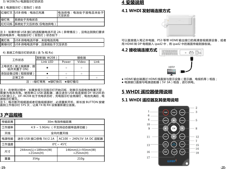    3) W208(Tx) 电源指示灯的状态表 1 电源指示灯（双色灯）状态红绿灯灭 USB 供电：电池已充满 电池供电：电池处于放电且未处于欠压状态绿灯亮 系统处于充电状态红灯闪烁 系统处于欠压状态（仅电池供电）注 3：如果外部 USB 接口的适配器电流不足 2A（异常情况），没有达到我们要求的供电条件，电池指示灯（双色灯）状态如下：黄灯亮 USB 供电电流不够，未给电池充电黄绿闪灯 USB 供电电流不够，且系统处于欠压状态   4) 系统工作指示灯的状态 ( 含 Tx 和 Rx)工作状态 发射端（W208） 接收端Link LED  Power Video Link上电状态 ( 接上视频源，拨码开关置于 ON) ★ ○ ○添加设备过程（短按按键） ● ○ ○正常工作 ○ ○ ○注：○绿灯常亮   ●绿灯快闪   ★绿灯慢闪注 4：在使用过程中，如果发现欠压指示灯开始闪烁，则表示当前电池电量不足，需要为电池充电。使用单口 USB 适配器，通过迷你 USB 线连接到 DF-W208 的USB 接口上。DF-W208 处于充电状态时，充电指示灯会亮绿灯，电池充满后，电源指示灯熄灭。注 5：每次断开视频源或者切换视频源时，必须重新开机，即长按 BUTTON 按键直到工作指示灯 SYS 灭，让其 TX 和 RX 设备重新建立连接。3 产品规格传输距离 30m 有效传输距离工作频率 4.9 ～ 5.9GHz （不支持动态频率选择功能）天线 全向内置天线电源性能 迷你 USB 接口供电 5V/2.1A AC100 ～ 240V,5V 3A DC 适配器工作温度 0℃～ 45℃尺寸 244mm(L)×189mm(W)×21mm(H)146mm(L)×93mm(W)×25mm(H)重量 354g 210g4 安装说明4.1 WHDI 发射端连接方式可以直接插入笔记本电脑、PS3 等带 HDMI 输出接口的高清音视频源设备，或者用 HDMI 转 DP 电缆接入 ipad2 中，将 ipad2 中的画面传输到接收端。4.2 接收端连接方式● HDMI 输出端通过 HDMI 线直接与显示设备（显示器、电视机等）相连；● 电源接口直接与电源适配器（5V 3A）相连，进行供电。5 WHDI 遥控器使用说明5.1 WHDI 遥控器及其使用说明-20--19-