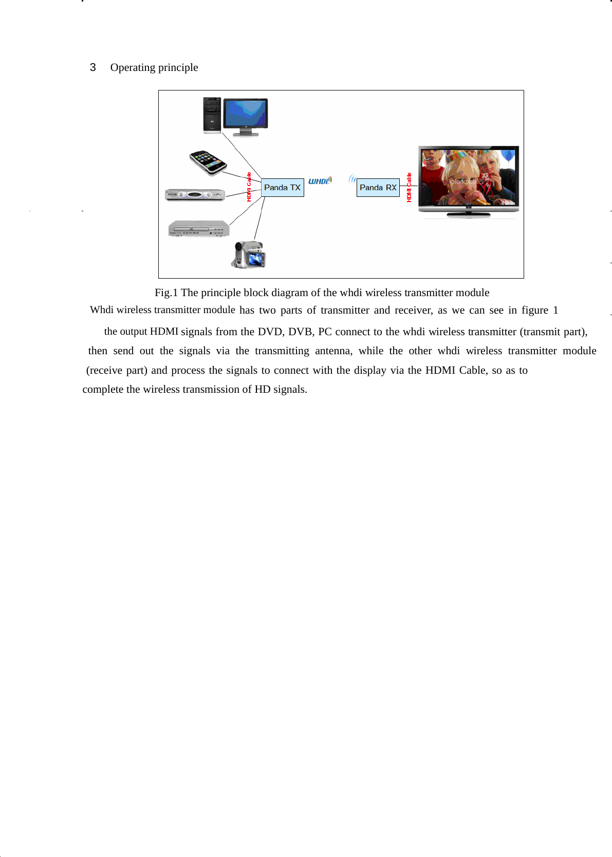                           3   Operating principle  Fig.1 The principle block diagram of the whdi wireless transmitter module  has two parts of transmitter and receiver, as we can see in figure 1signals from the DVD, DVB, PC connect to the whdi wireless transmitter (transmit part),then send out the signals via the transmitting antenna, while the other whdi wireless transmitter module (receive part) and process the signals to connect with the display via the HDMI Cable, so as to complete the wireless transmission of HD signals.   the output HDMIWhdi wireless transmitter module