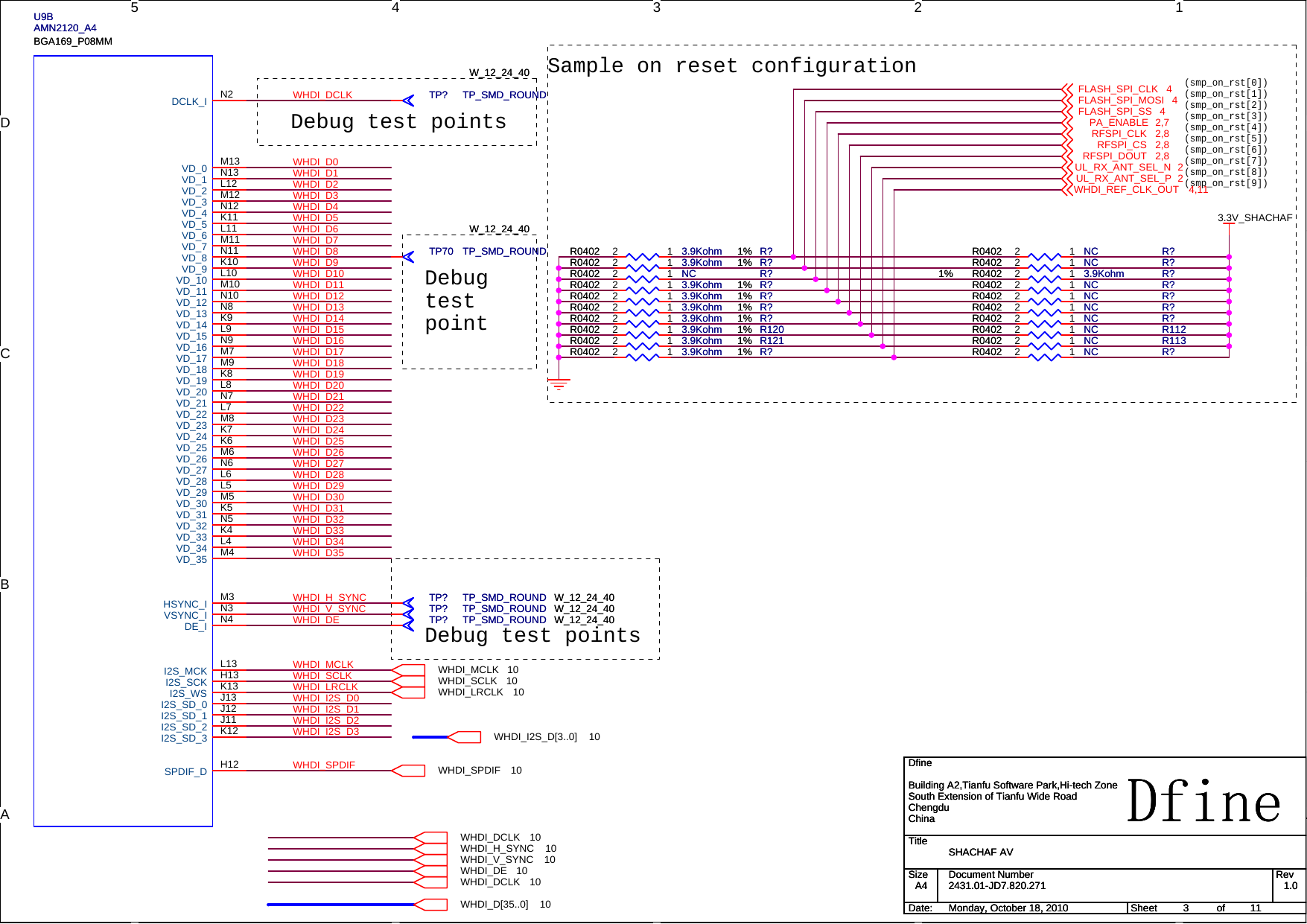 5 4 3 2 1DCBAA(smp_on_rst[8])(smp_on_rst[0])(smp_on_rst[5])(smp_on_rst[1])(smp_on_rst[2])(smp_on_rst[3])(smp_on_rst[4])(smp_on_rst[6])(smp_on_rst[9])(smp_on_rst[7])Sample on reset configurationDebug test pointsDebug test pointsDebugtestpointWHDI_D0WHDI_DEWHDI_V_SYNCWHDI_H_SYNCWHDI_SPDIFWHDI_I2S_D0WHDI_LRCLKWHDI_SCLKWHDI_DCLKWHDI_I2S_D1WHDI_I2S_D2WHDI_I2S_D3WHDI_MCLKWHDI_D1WHDI_D2WHDI_D3WHDI_D4WHDI_D5WHDI_D6WHDI_D7WHDI_D8WHDI_D9WHDI_D10WHDI_D11WHDI_D12WHDI_D13WHDI_D14WHDI_D15WHDI_D16WHDI_D17WHDI_D18WHDI_D19WHDI_D20WHDI_D21WHDI_D22WHDI_D23WHDI_D24WHDI_D25WHDI_D26WHDI_D27WHDI_D28WHDI_D29WHDI_D30WHDI_D31WHDI_D32WHDI_D33WHDI_D34WHDI_D35WHDI_D[35..0] 10WHDI_DCLK 10WHDI_DE 10WHDI_V_SYNC 10WHDI_H_SYNC 10WHDI_DCLK 10WHDI_I2S_D[3..0] 10WHDI_SPDIF 10WHDI_MCLK 10WHDI_SCLK 10WHDI_LRCLK 103.3V_SHACHAFFLASH_SPI_CLK 4FLASH_SPI_MOSI 4FLASH_SPI_SS 4PA_ENABLE 2,7RFSPI_DOUT 2,8RFSPI_CLK 2,8RFSPI_CS 2,8WHDI_REF_CLK_OUT 4,11UL_RX_ANT_SEL_N 2UL_RX_ANT_SEL_P 2TitleSize Document Number RevDate: Sheet ofDfine2431.01-JD7.820.271 1.0SHACHAF AVDfineBuilding A2,Tianfu Software Park,Hi-tech ZoneSouth Extension of Tianfu Wide RoadChengduChinaA4311Monday, October 18, 2010TitleSize Document Number RevDate: Sheet ofDfine2431.01-JD7.820.271 1.0SHACHAF AVDfineBuilding A2,Tianfu Software Park,Hi-tech ZoneSouth Extension of Tianfu Wide RoadChengduChinaA4311Monday, October 18, 2010TitleSize Document Number RevDate: Sheet ofDfine2431.01-JD7.820.271 1.0SHACHAF AVDfineBuilding A2,Tianfu Software Park,Hi-tech ZoneSouth Extension of Tianfu Wide RoadChengduChinaA4311Monday, October 18, 2010R?NCR0402 R?NCR0402 12R?3.9KohmR0402 1% R?3.9KohmR0402 1%12R113NCR0402 R113NCR0402 12TP70 TP_SMD_ROUNDW_12_24_40TP70 TP_SMD_ROUNDW_12_24_40TP? TP_SMD_ROUNDW_12_24_40TP? TP_SMD_ROUNDW_12_24_40R?NCR0402 R?NCR0402 12R?3.9KohmR0402 1% R?3.9KohmR0402 1%12R?NCR0402 R?NCR0402 12 R112NCR0402 R112NCR0402 12TP? TP_SMD_ROUND W_12_24_40TP? TP_SMD_ROUND W_12_24_40R?3.9KohmR04021% R?3.9KohmR04021% 12TP? TP_SMD_ROUND W_12_24_40TP? TP_SMD_ROUND W_12_24_40R?NCR0402 R?NCR0402 12R?NCR0402 R?NCR0402 12TP? TP_SMD_ROUND W_12_24_40TP? TP_SMD_ROUND W_12_24_40R1203.9KohmR0402 1% R1203.9KohmR0402 1%12R?3.9KohmR0402 1% R?3.9KohmR0402 1%12R?3.9KohmR0402 1% R?3.9KohmR0402 1%12R?NCR0402 R?NCR0402 12R?3.9KohmR0402 1% R?3.9KohmR0402 1%12R?NCR0402 R?NCR0402 12R?3.9KohmR0402 1% R?3.9KohmR0402 1%12U9BAMN2120_A4BGA169_P08MMU9BAMN2120_A4BGA169_P08MMDCLK_I N2VD_0 M13VD_1 N13VD_2 L12VD_3 M12VD_4 N12VD_5 K11VD_6 L11VD_7 M11VD_8 N11VD_9 K10VD_10 L10VD_11 M10VD_12 N10VD_13 N8VD_14 K9VD_15 L9VD_16 N9VD_17 M7VD_18 M9VD_19 K8VD_20 L8VD_21 N7VD_22 L7VD_23 M8VD_24 K7VD_25 K6VD_26 M6VD_27 N6VD_28 L6VD_29 L5VD_30 M5VD_31 K5VD_32 N5VD_33 K4VD_34 L4VD_35 M4HSYNC_I M3VSYNC_I N3DE_I N4I2S_MCK L13I2S_SCK H13I2S_WS K13I2S_SD_0 J13I2S_SD_1 J12I2S_SD_2 J11I2S_SD_3 K12SPDIF_D H12R?3.9KohmR0402 1% R?3.9KohmR0402 1%12R?NCR0402 R?NCR0402 12R1213.9KohmR0402 1% R1213.9KohmR0402 1%12
