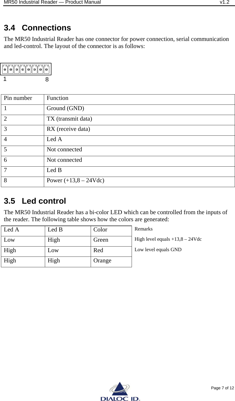 MR50 Industrial Reader &mdash; Product Manual              v1.2 Page 7 of 12 183.4 Connections The MR50 Industrial Reader has one connector for power connection, serial communication and led-control. The layout of the connector is as follows:     3.5 Led control The MR50 Industrial Reader has a bi-color LED which can be controlled from the inputs of the reader. The following table shows how the colors are generated: Led A  Led B  Color  Remarks Low High  Green High level equals +13,8 &ndash; 24Vdc High   Low  Red  Low level equals GND High High  Orange  Pin number  Function 1 Ground (GND) 2  TX (transmit data) 3 RX (receive data) 4 Led A 5 Not connected 6 Not connected 7 Led B 8  Power (+13,8 &ndash; 24Vdc) 