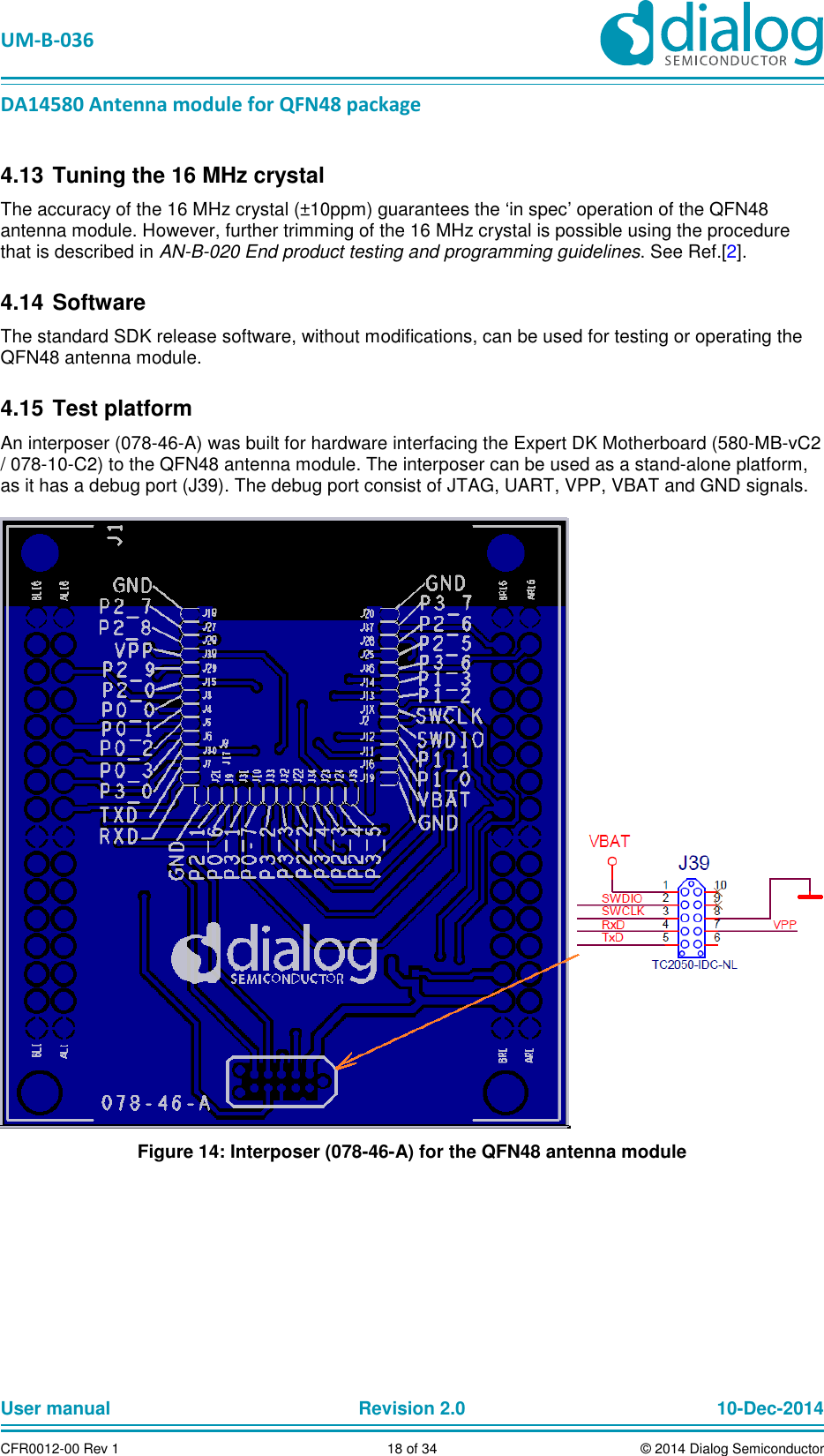   UM-B-036 DA14580 Antenna module for QFN48 package User manual  Revision 2.0 10-Dec-2014CFR0012-00 Rev 1  18 of 34  © 2014 Dialog Semiconductor Tuning the 16 MHz crystal 4.13The accuracy of the 16 MHz crystal (±10ppm) guarantees the ‘in spec’ operation of the QFN48 antenna module. However, further trimming of the 16 MHz crystal is possible using the procedure that is described in AN-B-020 End product testing and programming guidelines. See Ref.[2].   Software 4.14The standard SDK release software, without modifications, can be used for testing or operating the QFN48 antenna module.   Test platform 4.15An interposer (078-46-A) was built for hardware interfacing the Expert DK Motherboard (580-MB-vC2 / 078-10-C2) to the QFN48 antenna module. The interposer can be used as a stand-alone platform, as it has a debug port (J39). The debug port consist of JTAG, UART, VPP, VBAT and GND signals.  Figure 14: Interposer (078-46-A) for the QFN48 antenna module    