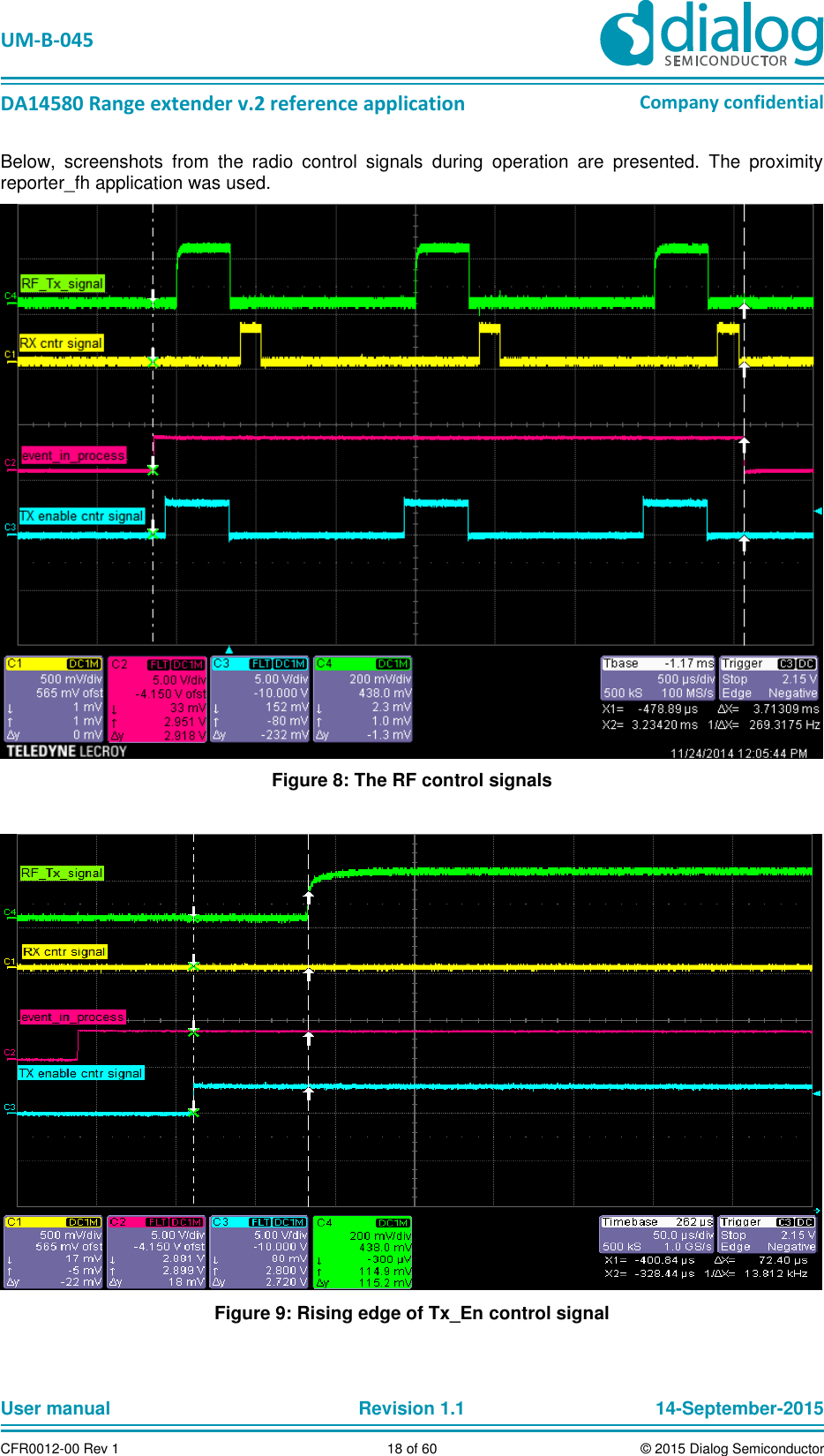   UM-B-045  DA14580 Range extender v.2 reference application Company confidential User manual   Revision 1.1 14-September-2015 CFR0012-00 Rev 1 18 of 60 © 2015 Dialog Semiconductor Below,  screenshots  from  the  radio  control  signals  during  operation  are  presented.  The  proximity reporter_fh application was used.  Figure 8: The RF control signals   Figure 9: Rising edge of Tx_En control signal  