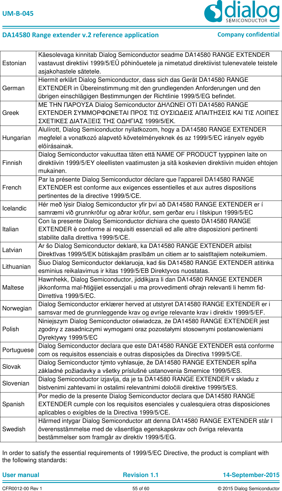   UM-B-045  DA14580 Range extender v.2 reference application Company confidential User manual   Revision 1.1 14-September-2015 CFR0012-00 Rev 1 55 of 60 © 2015 Dialog Semiconductor Estonian Käesolevaga kinnitab Dialog Semiconductor seadme DA14580 RANGE EXTENDER vastavust direktiivi 1999/5/EÜ põhinõuetele ja nimetatud direktiivist tulenevatele teistele asjakohastele sätetele. German Hiermit erklärt Dialog Semiconductor, dass sich das Gerät DA14580 RANGE EXTENDER in Übereinstimmung mit den grundlegenden Anforderungen und den übrigen einschlägigen Bestimmungen der Richtlinie 1999/5/EG befindet. Greek ΜΕ ΤΗΝ ΠΑΡΟΥΣΑ Dialog Semiconductor ΔΗΛΩΝΕΙ ΟΤΙ DA14580 RANGE EXTENDER ΣΥΜΜΟΡΦΩΝΕΤΑΙ ΠΡΟΣ ΤΙΣ ΟΥΣΙΩΔΕΙΣ ΑΠΑΙΤΗΣΕΙΣ ΚΑΙ ΤΙΣ ΛΟΙΠΕΣ ΣΧΕΤΙΚΕΣ ΔΙΑΤΑΞΕΙΣ ΤΗΣ ΟΔΗΓΙΑΣ 1999/5/ΕΚ. Hungarian Alulírott, Dialog Semiconductor nyilatkozom, hogy a DA14580 RANGE EXTENDER megfelel a vonatkozó alapvetõ követelményeknek és az 1999/5/EC irányelv egyéb elõírásainak. Finnish Dialog Semiconductor vakuuttaa täten että NAME OF PRODUCT tyyppinen laite on direktiivin 1999/5/EY oleellisten vaatimusten ja sitä koskevien direktiivin muiden ehtojen mukainen. French Par la présente Dialog Semiconductor déclare que l&apos;appareil DA14580 RANGE EXTENDER est conforme aux exigences essentielles et aux autres dispositions pertinentes de la directive 1999/5/CE. Icelandic Hér með lýsir Dialog Semiconductor yfir því að DA14580 RANGE EXTENDER er í samræmi við grunnkröfur og aðrar kröfur, sem gerðar eru í tilskipun 1999/5/EC Italian Con la presente Dialog Semiconductor dichiara che questo DA14580 RANGE EXTENDER è conforme ai requisiti essenziali ed alle altre disposizioni pertinenti stabilite dalla direttiva 1999/5/CE. Latvian Ar šo Dialog Semiconductor deklarē, ka DA14580 RANGE EXTENDER atbilst Direktīvas 1999/5/EK būtiskajām prasībām un citiem ar to saistītajiem noteikumiem. Lithuanian Šiuo Dialog Semiconductor deklaruoja, kad šis DA14580 RANGE EXTENDER atitinka esminius reikalavimus ir kitas 1999/5/EB Direktyvos nuostatas. Maltese Hawnhekk, Dialog Semiconductor, jiddikjara li dan DA14580 RANGE EXTENDER jikkonforma mal-ħtiġijiet essenzjali u ma provvedimenti oħrajn relevanti li hemm fid-Dirrettiva 1999/5/EC. Norwegian Dialog Semiconductor erklærer herved at utstyret DA14580 RANGE EXTENDER er i samsvar med de grunnleggende krav og øvrige relevante krav i direktiv 1999/5/EF. Polish Niniejszym Dialog Semiconductor oświadcza, że DA14580 RANGE EXTENDER jest zgodny z zasadniczymi wymogami oraz pozostałymi stosownymi postanowieniami Dyrektywy 1999/5/EC Portuguese Dialog Semiconductor declara que este DA14580 RANGE EXTENDER está conforme com os requisitos essenciais e outras disposições da Directiva 1999/5/CE. Slovak Dialog Semiconductor týmto vyhlasuje, že DA14580 RANGE EXTENDER spĺňa základné požiadavky a všetky príslušné ustanovenia Smernice 1999/5/ES. Slovenian Dialog Semiconductor izjavlja, da je ta DA14580 RANGE EXTENDER v skladu z bistvenimi zahtevami in ostalimi relevantnimi določili direktive 1999/5/ES. Spanish Por medio de la presente Dialog Semiconductor declara que DA14580 RANGE EXTENDER cumple con los requisitos esenciales y cualesquiera otras disposiciones aplicables o exigibles de la Directiva 1999/5/CE. Swedish Härmed intygar Dialog Semiconductor att denna DA14580 RANGE EXTENDER står I överensstämmelse med de väsentliga egenskapskrav och övriga relevanta bestämmelser som framgår av direktiv 1999/5/EG.  In order to satisfy the essential requirements of 1999/5/EC Directive, the product is compliant with the following standards: 