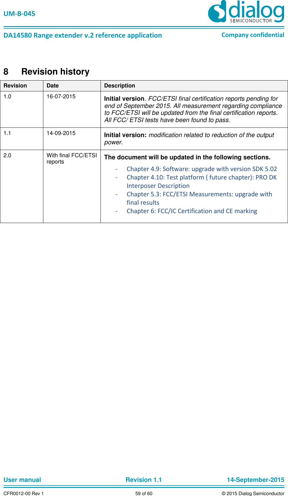   UM-B-045  DA14580 Range extender v.2 reference application Company confidential User manual   Revision 1.1 14-September-2015 CFR0012-00 Rev 1 59 of 60 © 2015 Dialog Semiconductor 8  Revision history Revision Date Description 1.0 16-07-2015 Initial version. FCC/ETSI final certification reports pending for end of September 2015. All measurement regarding compliance to FCC/ETSI will be updated from the final certification reports. All FCC/ ETSI tests have been found to pass.  1.1 14-09-2015 Initial version: modification related to reduction of the output power. 2.0 With final FCC/ETSI reports The document will be updated in the following sections. - Chapter 4.9: Software: upgrade with version SDK 5.02 - Chapter 4.10: Test platform ( future chapter): PRO DK Interposer Description  - Chapter 5.3: FCC/ETSI Measurements: upgrade with final results - Chapter 6: FCC/IC Certification and CE marking 