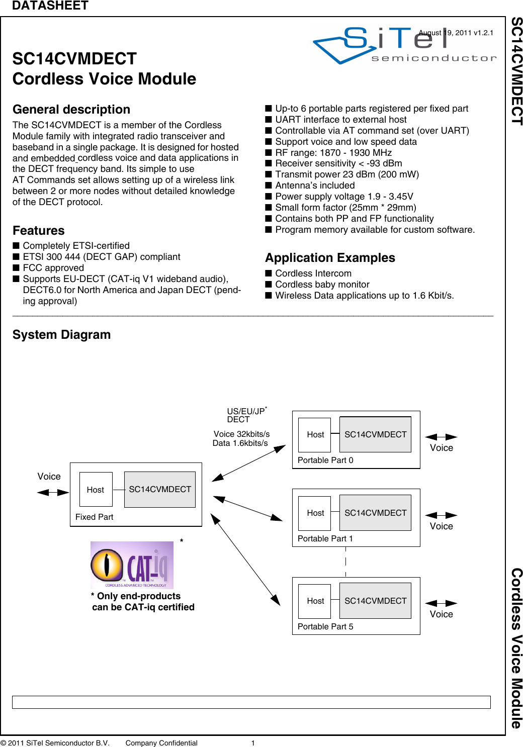 © 2011 SiTel Semiconductor B.V.  Company Confidential 1SC14CVMDECT Cordless Voice ModuleDATASHEET General descriptionThe SC14CVMDECT is a member of the Cordless Module family with integrated radio transceiver and baseband in a single package. It is designed for hosted and embedded cordless voice and data applications in the DECT frequency band. Its simple to use AT Commands set allows setting up of a wireless link between 2 or more nodes without detailed knowledge of the DECT protocol.FeaturesnCompletely ETSI-certifiednETSI 300 444 (DECT GAP) compliantnFCC approvednSupports EU-DECT (CAT-iq V1 wideband audio), DECT6.0 for North America and Japan DECT (pend-ing approval)nUp-to 6 portable parts registered per fixed partnUART interface to external hostnControllable via AT command set (over UART)nSupport voice and low speed datanRF range: 1870 - 1930 MHznReceiver sensitivity &lt; -93 dBmnTransmit power 23 dBm (200 mW)nAntenna’s includednPower supply voltage 1.9 - 3.45VnSmall form factor (25mm * 29mm)nContains both PP and FP functionalitynProgram memory available for custom software.Application ExamplesnCordless IntercomnCordless baby monitornWireless Data applications up to 1.6 Kbit/s.________________________________________________________________________________________________System DiagramSC14CVMDECTFixed Part VoiceHostSC14CVMDECTHostUS/EU/JP*DECTPortable Part 0VoiceSC14CVMDECTHostPortable Part 1VoiceSC14CVMDECTHostPortable Part 5VoiceVoice 32kbits/sData 1.6kbits/s* Only end-productscan be CAT-iq certified*SC14CVMDECT Cordless Voice ModuleAugust 19, 2011 v1.2.1