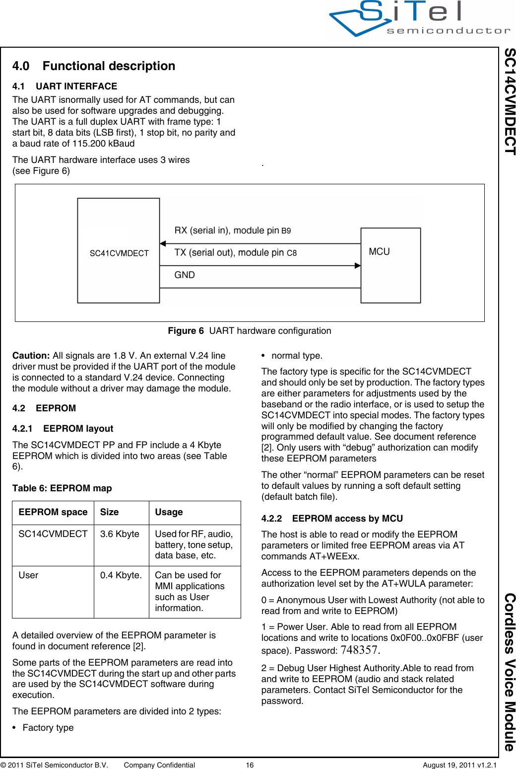 SC14CVMDECT Cordless Voice Module© 2011 SiTel Semiconductor B.V.  Company Confidential 16   August 19, 2011 v1.2.14.0 Functional description4.1 UART INTERFACEThe UART isnormally used for AT commands, but can also be used for software upgrades and debugging. The UART is a full duplex UART with frame type: 1 start bit, 8 data bits (LSB first), 1 stop bit, no parity and a baud rate of 115.200 kBaudThe UART hardware interface uses 3 wires(see Figure 6)  .Caution: All signals are 1.8 V. An external V.24 line driver must be provided if the UART port of the module is connected to a standard V.24 device. Connecting the module without a driver may damage the module.4.2 EEPROM4.2.1 EEPROM layoutThe SC14CVMDECT PP and FP include a 4 Kbyte EEPROM which is divided into two areas (see Table 6).A detailed overview of the EEPROM parameter is found in document reference [2].Some parts of the EEPROM parameters are read into the SC14CVMDECT during the start up and other parts are used by the SC14CVMDECT software during execution. The EEPROM parameters are divided into 2 types:• Factory type • normal type. The factory type is specific for the SC14CVMDECT and should only be set by production. The factory types are either parameters for adjustments used by the baseband or the radio interface, or is used to setup the SC14CVMDECT into special modes. The factory types will only be modified by changing the factory programmed default value. See document reference [2]. Only users with “debug” authorization can modify these EEPROM parametersThe other “normal” EEPROM parameters can be reset to default values by running a soft default setting (default batch file).4.2.2 EEPROM access by MCUThe host is able to read or modify the EEPROM parameters or limited free EEPROM areas via AT commands AT+WEExx. Access to the EEPROM parameters depends on the authorization level set by the AT+WULA parameter:0 = Anonymous User with Lowest Authority (not able to read from and write to EEPROM)1 = Power User. Able to read from all EEPROM locations and write to locations 0x0F00..0x0FBF (user space). Password: 748357.2 = Debug User Highest Authority.Able to read from and write to EEPROM (audio and stack related parameters. Contact SiTel Semiconductor for the password.Figure 6 UART hardware configurationTable 6: EEPROM mapEEPROM space Size  UsageSC14CVMDECT 3.6 Kbyte  Used for RF, audio, battery, tone setup, data base, etc.User  0.4 Kbyte. Can be used for MMI applications such as User information.