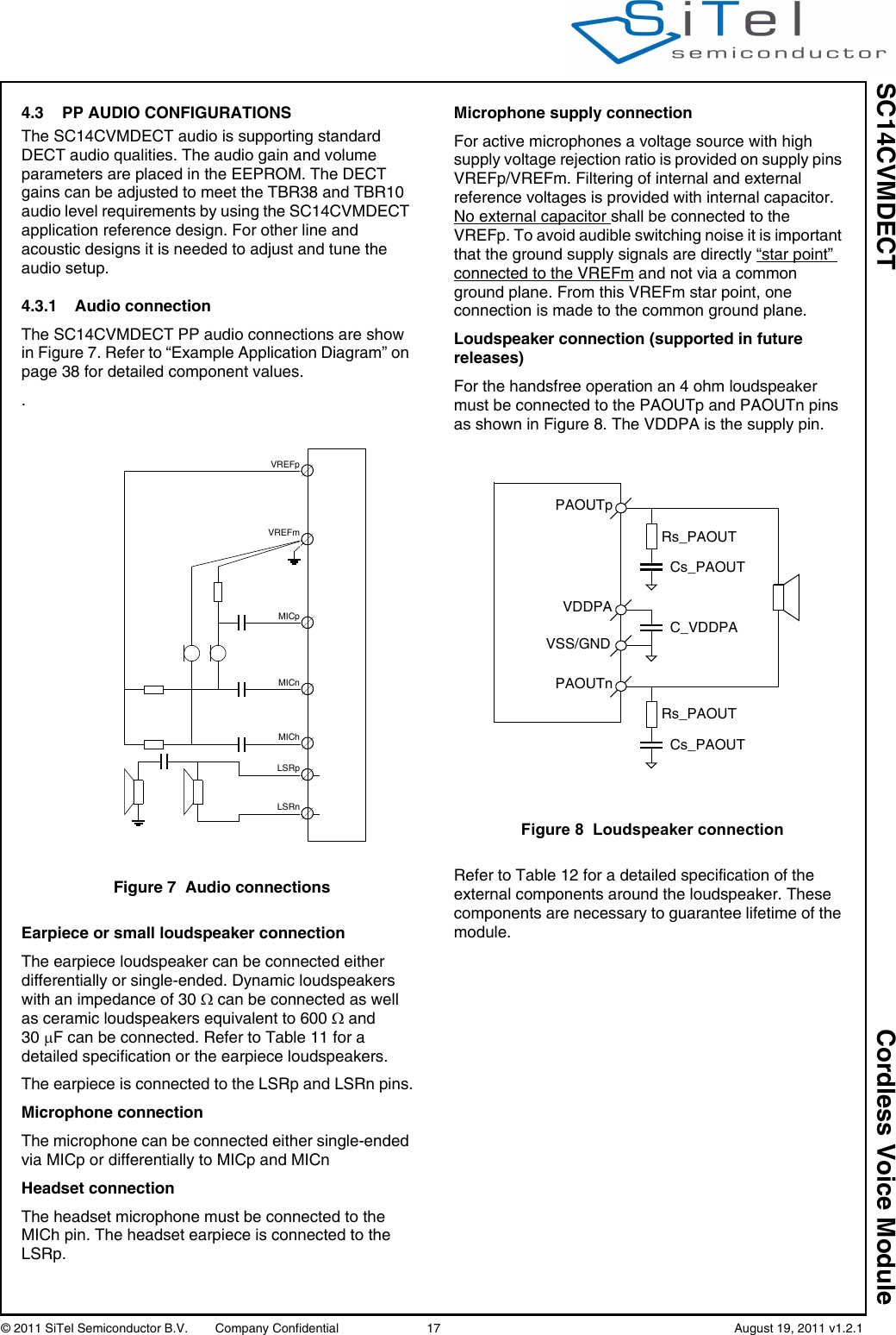 SC14CVMDECT Cordless Voice Module© 2011 SiTel Semiconductor B.V.  Company Confidential 17   August 19, 2011 v1.2.14.3 PP AUDIO CONFIGURATIONSThe SC14CVMDECT audio is supporting standard DECT audio qualities. The audio gain and volume parameters are placed in the EEPROM. The DECT gains can be adjusted to meet the TBR38 and TBR10 audio level requirements by using the SC14CVMDECT application reference design. For other line and acoustic designs it is needed to adjust and tune the audio setup.4.3.1 Audio connectionThe SC14CVMDECT PP audio connections are show in Figure 7. Refer to “Example Application Diagram” on page 38 for detailed component values..Earpiece or small loudspeaker connectionThe earpiece loudspeaker can be connected either differentially or single-ended. Dynamic loudspeakers with an impedance of 30  can be connected as well as ceramic loudspeakers equivalent to 600  and 30 F can be connected. Refer to Table 11 for a detailed specification or the earpiece loudspeakers.The earpiece is connected to the LSRp and LSRn pins.Microphone connectionThe microphone can be connected either single-ended via MICp or differentially to MICp and MICnHeadset connectionThe headset microphone must be connected to the MICh pin. The headset earpiece is connected to the LSRp.Microphone supply connectionFor active microphones a voltage source with high supply voltage rejection ratio is provided on supply pins VREFp/VREFm. Filtering of internal and external reference voltages is provided with internal capacitor. No external capacitor shall be connected to the VREFp. To avoid audible switching noise it is important that the ground supply signals are directly “star point” connected to the VREFm and not via a common ground plane. From this VREFm star point, one connection is made to the common ground plane.Loudspeaker connection (supported in future releases)For the handsfree operation an 4 ohm loudspeaker must be connected to the PAOUTp and PAOUTn pins as shown in Figure 8. The VDDPA is the supply pin.Refer to Table 12 for a detailed specification of the external components around the loudspeaker. These components are necessary to guarantee lifetime of the module.Figure 7 Audio connectionsLSRnLSRpMIChMICnVREFmMICpVREFpFigure 8  Loudspeaker connectionPAOUTpPAOUTnVDDPAVSS/GNDC_VDDPACs_PAOUTRs_PAOUTCs_PAOUTRs_PAOUT