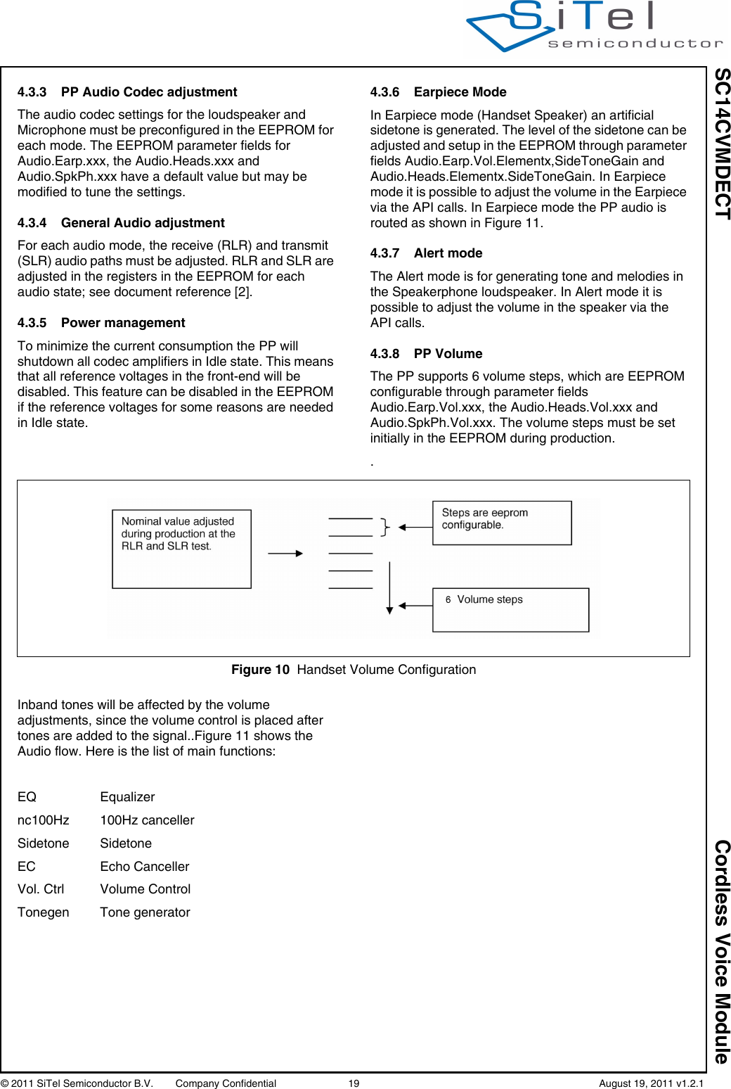 SC14CVMDECT Cordless Voice Module© 2011 SiTel Semiconductor B.V.  Company Confidential 19   August 19, 2011 v1.2.14.3.3 PP Audio Codec adjustmentThe audio codec settings for the loudspeaker and Microphone must be preconfigured in the EEPROM for each mode. The EEPROM parameter fields for Audio.Earp.xxx, the Audio.Heads.xxx and Audio.SpkPh.xxx have a default value but may be modified to tune the settings.4.3.4 General Audio adjustmentFor each audio mode, the receive (RLR) and transmit (SLR) audio paths must be adjusted. RLR and SLR are adjusted in the registers in the EEPROM for each audio state; see document reference [2].4.3.5 Power managementTo minimize the current consumption the PP will shutdown all codec amplifiers in Idle state. This means that all reference voltages in the front-end will be disabled. This feature can be disabled in the EEPROM if the reference voltages for some reasons are needed in Idle state.4.3.6 Earpiece ModeIn Earpiece mode (Handset Speaker) an artificial sidetone is generated. The level of the sidetone can be adjusted and setup in the EEPROM through parameter fields Audio.Earp.Vol.Elementx,SideToneGain and Audio.Heads.Elementx.SideToneGain. In Earpiece mode it is possible to adjust the volume in the Earpiece via the API calls. In Earpiece mode the PP audio is routed as shown in Figure 11.4.3.7 Alert modeThe Alert mode is for generating tone and melodies in the Speakerphone loudspeaker. In Alert mode it is possible to adjust the volume in the speaker via the API calls.4.3.8 PP Volume The PP supports 6 volume steps, which are EEPROM configurable through parameter fields Audio.Earp.Vol.xxx, the Audio.Heads.Vol.xxx and Audio.SpkPh.Vol.xxx. The volume steps must be set initially in the EEPROM during production..Inband tones will be affected by the volume adjustments, since the volume control is placed after tones are added to the signal..Figure 11 shows the Audio flow. Here is the list of main functions:EQ Equalizernc100Hz 100Hz cancellerSidetone SidetoneEC Echo CancellerVol. Ctrl Volume ControlTonegen Tone generatorFigure 10 Handset Volume Configuration