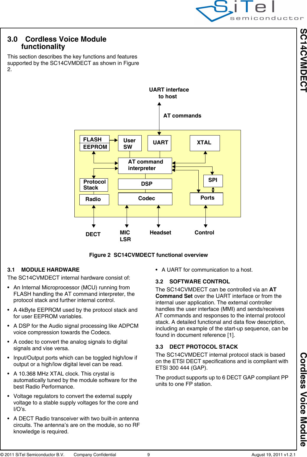 SC14CVMDECT Cordless Voice Module© 2011 SiTel Semiconductor B.V.  Company Confidential 9   August 19, 2011 v1.2.13.0 Cordless Voice Module functionalityThis section describes the key functions and features supported by the SC14CVMDECT as shown in Figure 2.3.1 MODULE HARDWARE The SC14CVMDECT internal hardware consist of:• An Internal Microprocessor (MCU) running from FLASH handling the AT command interpreter, the protocol stack and further internal control.• A 4kByte EEPROM used by the protocol stack and for user EEPROM variables.• A DSP for the Audio signal processing like ADPCM voice compression towards the Codecs.• A codec to convert the analog signals to digital signals and vise versa.• Input/Output ports which can be toggled high/low if output or a high/low digital level can be read.• A 10.368 MHz XTAL clock. This crystal is automatically tuned by the module software for the best Radio Performance.• Voltage regulators to convert the external supply voltage to a stable supply voltages for the core and I/O’s.• A DECT Radio transceiver with two built-in antenna circuits. The antenna’s are on the module, so no RF knowledge is required.• A UART for communication to a host.3.2 SOFTWARE CONTROLThe SC14CVMDECT can be controlled via an AT Command Set over the UART interface or from the internal user application. The external controller handles the user interface (MMI) and sends/receives AT commands and responses to the internal protocol stack. A detailed functional and data flow description, including an example of the start-up sequence, can be found in document reference [1].3.3 DECT PROTOCOL STACKThe SC14CVMDECT internal protocol stack is based on the ETSI DECT specifications and is compliant with ETSI 300 444 (GAP).The product supports up to 6 DECT GAP compliant PP units to one FP station.Figure 2 SC14CVMDECT functional overviewUART interfaceto hostAT commandsAT commandinterpreterRadioProtocolStack DSPPortsDECTEEPROM XTALFLASHCodecUserMICLSRHeadset ControlUARTSWSPI