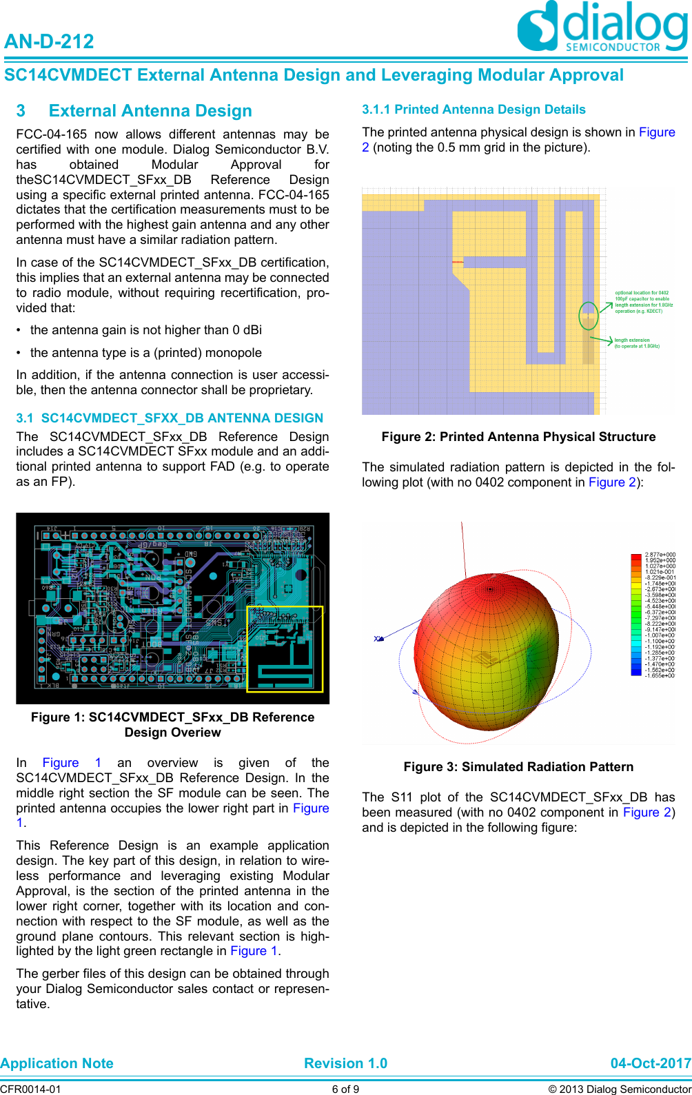 Application Note Revision 1.0 04-Oct-2017CFR0014-01 6 of 9 © 2013 Dialog SemiconductorAN-D-212SC14CVMDECT External Antenna Design and Leveraging Modular Approval3 External Antenna DesignFCC-04-165 now allows different antennas may becertified with one module. Dialog Semiconductor B.V.has obtained Modular Approval fortheSC14CVMDECT_SFxx_DB Reference Designusing a specific external printed antenna. FCC-04-165dictates that the certification measurements must to beperformed with the highest gain antenna and any otherantenna must have a similar radiation pattern. In case of the SC14CVMDECT_SFxx_DB certification,this implies that an external antenna may be connectedto radio module, without requiring recertification, pro-vided that:• the antenna gain is not higher than 0 dBi• the antenna type is a (printed) monopoleIn addition, if the antenna connection is user accessi-ble, then the antenna connector shall be proprietary.3.1  SC14CVMDECT_SFXX_DB ANTENNA DESIGNThe SC14CVMDECT_SFxx_DB Reference Designincludes a SC14CVMDECT SFxx module and an addi-tional printed antenna to support FAD (e.g. to operateas an FP). Figure 1: SC14CVMDECT_SFxx_DB Reference Design OveriewIn  Figure 1 an overview is given of theSC14CVMDECT_SFxx_DB Reference Design. In themiddle right section the SF module can be seen. Theprinted antenna occupies the lower right part in Figure1.This Reference Design is an example applicationdesign. The key part of this design, in relation to wire-less performance and leveraging existing ModularApproval, is the section of the printed antenna in thelower right corner, together with its location and con-nection with respect to the SF module, as well as theground plane contours. This relevant section is high-lighted by the light green rectangle in Figure 1.The gerber files of this design can be obtained throughyour Dialog Semiconductor sales contact or represen-tative.3.1.1 Printed Antenna Design DetailsThe printed antenna physical design is shown in Figure2 (noting the 0.5 mm grid in the picture).Figure 2: Printed Antenna Physical StructureThe simulated radiation pattern is depicted in the fol-lowing plot (with no 0402 component in Figure 2):Figure 3: Simulated Radiation PatternThe S11 plot of the SC14CVMDECT_SFxx_DB hasbeen measured (with no 0402 component in Figure 2)and is depicted in the following figure: