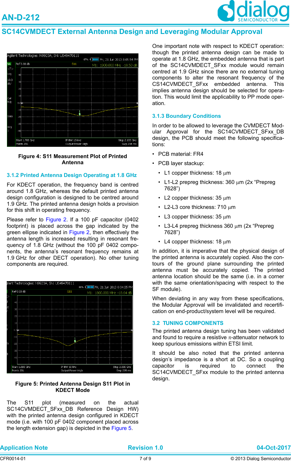 Application Note Revision 1.0 04-Oct-2017CFR0014-01 7 of 9 © 2013 Dialog SemiconductorAN-D-212SC14CVMDECT External Antenna Design and Leveraging Modular ApprovalFigure 4: S11 Measurement Plot of Printed Antenna3.1.2 Printed Antenna Design Operating at 1.8 GHzFor KDECT operation, the frequency band is centredaround 1.8 GHz, whereas the default printed antennadesign configuration is designed to be centred around1.9 GHz. The printed antenna design holds a provisionfor this shift in operating frequency. Please refer to Figure 2. If a 100 pF capacitor (0402footprint) is placed across the gap indicated by thegreen ellipse indicated in Figure 2, then effectively theantenna length is increased resulting in resonant fre-quency of 1.8 GHz (without the 100 pF 0402 compo-nents, the antenna’s resonant frequency remains at1.9 GHz for other DECT operation). No other tuningcomponents are required.Figure 5: Printed Antenna Design S11 Plot in KDECT ModeThe S11 plot (measured on the actualSC14CVMDECT_SFxx_DB Reference Design HW)with the printed antenna design configured in KDECTmode (i.e. with 100 pF 0402 component placed acrossthe length extension gap) is depicted in the Figure 5.One important note with respect to KDECT operation:though the printed antenna design can be made tooperate at 1.8 GHz, the embedded antenna that is partof the SC14CVMDECT_SFxx module would remaincentred at 1.9 GHz since there are no external tuningcomponents to alter the resonant frequency of theCS14CVMDECT_SFxx embedded antenna. Thisimplies antenna design should be selected for opera-tion. This would limit the applicability to PP mode oper-ation.3.1.3 Boundary ConditionsIn order to be allowed to leverage the CVMDECT Mod-ular Approval for the SC14CVMDECT_SFxx_DBdesign, the PCB should meet the following specifica-tions:• PCB material: FR4 • PCB layer stackup:• L1 copper thickness: 18 m• L1-L2 prepreg thickness: 360 m (2x “Prepreg 7628”)• L2 copper thickness: 35 m• L2-L3 core thickness: 710 m• L3 copper thickness: 35 m• L3-L4 prepreg thickness 360 m (2x “Prepreg 7628”)• L4 copper thickness: 18 mIn addition, it is imperative that the physical design ofthe printed antenna is accurately copied. Also the con-tours of the ground plane surrounding the printedantenna must be accurately copied. The printedantenna location should be the same (i.e. in a cornerwith the same orientation/spacing with respect to theSF module).When deviating in any way from these specifications,the Modular Approval will be invalidated and recertifi-cation on end-product/system level will be required.3.2  TUNING COMPONENTSThe printed antenna design tuning has been validatedand found to require a resistive -attenuator network tokeep spurious emissions within ETSI limit.It should be also noted that the printed antennadesign’s impedance is a short at DC. So a couplingcapacitor is required to connect theSC14CVMDECT_SFxx module to the printed antennadesign. 