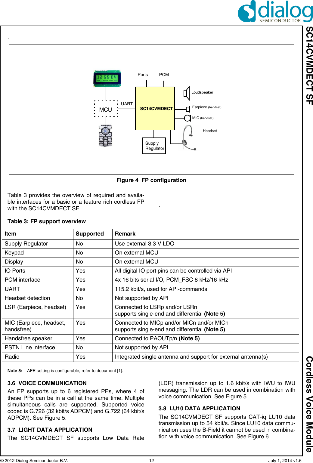 SC14CVMDECT SF Cordless Voice Module© 2012 Dialog Semiconductor B.V.    12   July 1, 2014 v1.6.Table 3 provides the overview of required and availa-ble interfaces for a basic or a feature rich cordless FPwith the SC14CVMDECT SF. .Note 5: AFE setting is configurable, refer to document [1].3.6  VOICE COMMUNICATIONAn FP supports up to 6 registered PPs, where 4 ofthese PPs can be in a call at the same time. Multiplesimultaneous calls are supported. Supported voicecodec is G.726 (32 kbit/s ADPCM) and G.722 (64 kbit/sADPCM). See Figure 5.3.7  LIGHT DATA APPLICATIONThe SC14CVMDECT SF supports Low Data Rate(LDR) transmission up to 1.6 kbit/s with IWU to IWUmessaging. The LDR can be used in combination withvoice communication. See Figure 5.3.8  LU10 DATA APPLICATIONThe SC14CVMDECT SF supports CAT-iq LU10 datatransmission up to 54 kbit/s. Since LU10 data commu-nication uses the B-Field it cannot be used in combina-tion with voice communication. See Figure 6. Figure 4  FP configurationSC14CVMDECTLoudspeakerMIC (handset)Earpiece (handset)MCUSupplyPortsHeadsetRegulatorPCMUARTTable 3: FP support overviewItem Supported RemarkSupply Regulator No  Use external 3.3 V LDOKeypad No On external MCUDisplay No On external MCUIO Ports Yes All digital IO port pins can be controlled via APIPCM interface  Yes 4x 16 bits serial I/O, PCM_FSC 8 kHz/16 kHzUART Yes 115.2 kbit/s, used for API-commandsHeadset detection No Not supported by APILSR (Earpiece, headset) Yes Connected to LSRp and/or LSRn supports single-end and differential (Note 5)MIC (Earpiece, headset, handsfree) Yes Connected to MICp and/or MICn and/or MIChsupports single-end and differential (Note 5)Handsfree speaker Yes Connected to PAOUTp/n (Note 5)PSTN Line interface No Not supported by APIRadio Yes Integrated single antenna and support for external antenna(s)