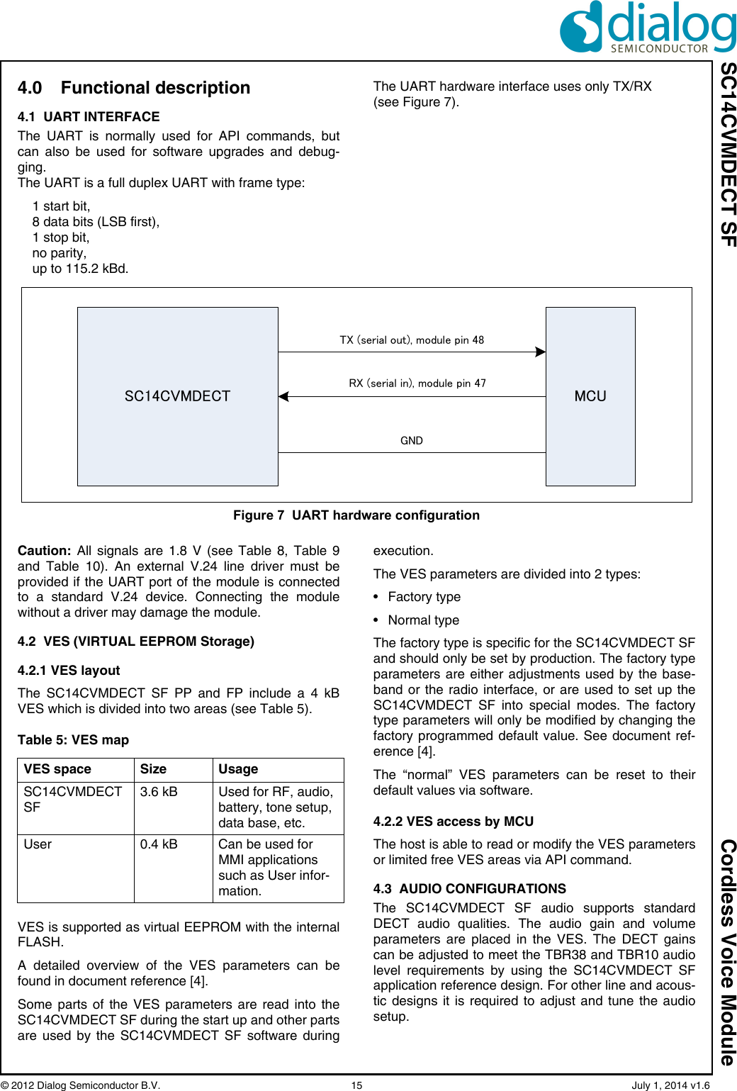 SC14CVMDECT SF Cordless Voice Module© 2012 Dialog Semiconductor B.V.    15   July 1, 2014 v1.64.0 Functional description4.1  UART INTERFACEThe UART is normally used for API commands, butcan also be used for software upgrades and debug-ging. The UART is a full duplex UART with frame type: 1 start bit,8 data bits (LSB first),1 stop bit,no parity,up to 115.2 kBd.The UART hardware interface uses only TX/RX(see Figure 7). Caution: All signals are 1.8 V (see Table 8, Table 9and Table 10). An external V.24 line driver must beprovided if the UART port of the module is connectedto a standard V.24 device. Connecting the modulewithout a driver may damage the module.4.2  VES (VIRTUAL EEPROM Storage)4.2.1 VES layoutThe SC14CVMDECT SF PP and FP include a 4 kBVES which is divided into two areas (see Table 5).VES is supported as virtual EEPROM with the internalFLASH.A detailed overview of the VES parameters can befound in document reference [4].Some parts of the VES parameters are read into theSC14CVMDECT SF during the start up and other partsare used by the SC14CVMDECT SF software duringexecution. The VES parameters are divided into 2 types:• Factory type • Normal type The factory type is specific for the SC14CVMDECT SFand should only be set by production. The factory typeparameters are either adjustments used by the base-band or the radio interface, or are used to set up theSC14CVMDECT SF into special modes. The factorytype parameters will only be modified by changing thefactory programmed default value. See document ref-erence [4]. The “normal” VES parameters can be reset to theirdefault values via software.4.2.2 VES access by MCUThe host is able to read or modify the VES parametersor limited free VES areas via API command. 4.3  AUDIO CONFIGURATIONSThe SC14CVMDECT SF audio supports standardDECT audio qualities. The audio gain and volumeparameters are placed in the VES. The DECT gainscan be adjusted to meet the TBR38 and TBR10 audiolevel requirements by using the SC14CVMDECT SFapplication reference design. For other line and acous-tic designs it is required to adjust and tune the audiosetup.Figure 7  UART hardware configurationSC14CVMDECT MCUTX (serial out), module pin 48RX (serial in), module pin 47GNDTable 5: VES mapVES space Size  UsageSC14CVMDECT SF3.6 kB  Used for RF, audio, battery, tone setup, data base, etc.User  0.4 kB Can be used for MMI applications such as User infor-mation.