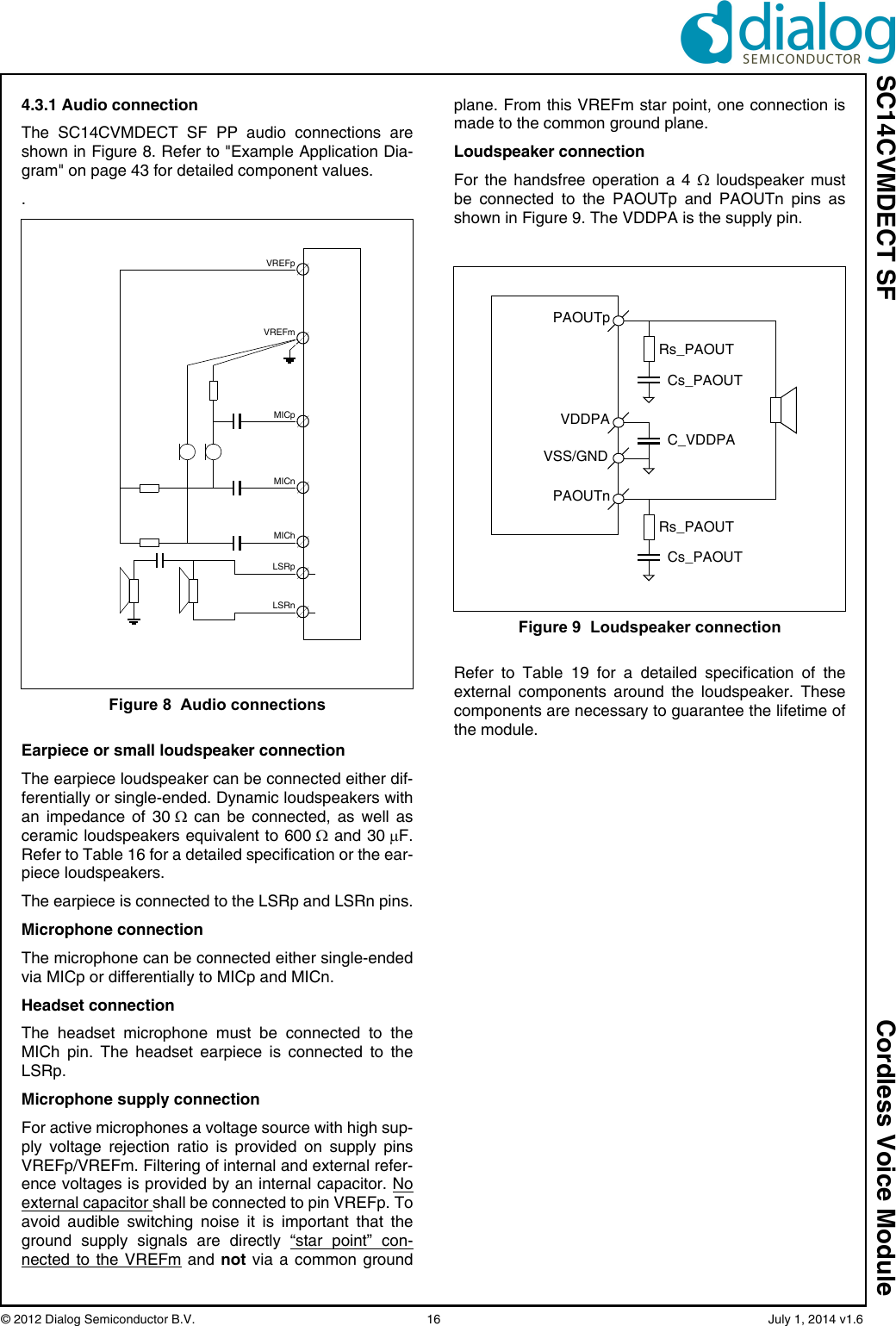 SC14CVMDECT SF Cordless Voice Module© 2012 Dialog Semiconductor B.V.    16   July 1, 2014 v1.64.3.1 Audio connectionThe SC14CVMDECT SF PP audio connections areshown in Figure 8. Refer to &quot;Example Application Dia-gram&quot; on page 43 for detailed component values..Earpiece or small loudspeaker connectionThe earpiece loudspeaker can be connected either dif-ferentially or single-ended. Dynamic loudspeakers withan impedance of 30  can be connected, as well asceramic loudspeakers equivalent to 600  and 30 F.Refer to Table 16 for a detailed specification or the ear-piece loudspeakers.The earpiece is connected to the LSRp and LSRn pins.Microphone connectionThe microphone can be connected either single-endedvia MICp or differentially to MICp and MICn.Headset connectionThe headset microphone must be connected to theMICh pin. The headset earpiece is connected to theLSRp.Microphone supply connectionFor active microphones a voltage source with high sup-ply voltage rejection ratio is provided on supply pinsVREFp/VREFm. Filtering of internal and external refer-ence voltages is provided by an internal capacitor. Noexternal capacitor shall be connected to pin VREFp. Toavoid audible switching noise it is important that theground supply signals are directly “star point” con-nected to the VREFm and not via a common groundplane. From this VREFm star point, one connection ismade to the common ground plane.Loudspeaker connectionFor the handsfree operation a 4  loudspeaker mustbe connected to the PAOUTp and PAOUTn pins asshown in Figure 9. The VDDPA is the supply pin.Refer to Table 19 for a detailed specification of theexternal components around the loudspeaker. Thesecomponents are necessary to guarantee the lifetime ofthe module.Figure 8  Audio connectionsLSRnLSRpMIChMICnVREFmMICpVREFpFigure 9  Loudspeaker connectionPAOUTpPAOUTnVDDPAVSS/GNDC_VDDPACs_PAOUTRs_PAOUTCs_PAOUTRs_PAOUT