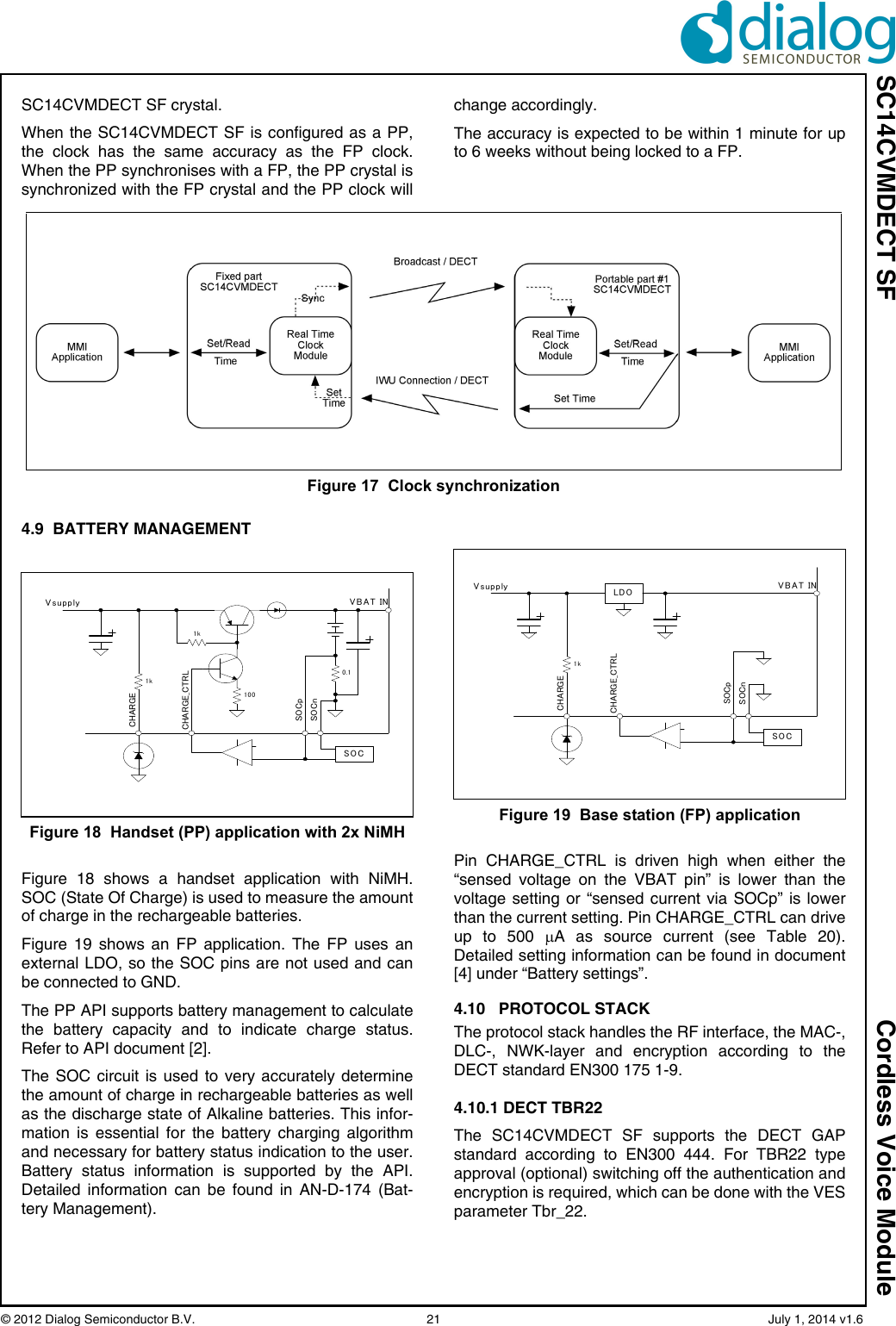 SC14CVMDECT SF Cordless Voice Module© 2012 Dialog Semiconductor B.V.    21   July 1, 2014 v1.6SC14CVMDECT SF crystal. When the SC14CVMDECT SF is configured as a PP,the clock has the same accuracy as the FP clock.When the PP synchronises with a FP, the PP crystal issynchronized with the FP crystal and the PP clock willchange accordingly.The accuracy is expected to be within 1 minute for upto 6 weeks without being locked to a FP. 4.9  BATTERY MANAGEMENTFigure 18 shows a handset application with NiMH.SOC (State Of Charge) is used to measure the amountof charge in the rechargeable batteries.Figure 19 shows an FP application. The FP uses anexternal LDO, so the SOC pins are not used and canbe connected to GND.The PP API supports battery management to calculatethe battery capacity and to indicate charge status.Refer to API document [2].The SOC circuit is used to very accurately determinethe amount of charge in rechargeable batteries as wellas the discharge state of Alkaline batteries. This infor-mation is essential for the battery charging algorithmand necessary for battery status indication to the user.Battery status information is supported by the API.Detailed information can be found in AN-D-174 (Bat-tery Management).Pin CHARGE_CTRL is driven high when either the“sensed voltage on the VBAT pin” is lower than thevoltage setting or “sensed current via SOCp” is lowerthan the current setting. Pin CHARGE_CTRL can driveup to 500 A as source current (see Table 20).Detailed setting information can be found in document[4] under “Battery settings”.4.10   PROTOCOL STACKThe protocol stack handles the RF interface, the MAC-,DLC-, NWK-layer and encryption according to theDECT standard EN300 175 1-9.4.10.1 DECT TBR22The SC14CVMDECT SF supports the DECT GAPstandard according to EN300 444. For TBR22 typeapproval (optional) switching off the authentication andencryption is required, which can be done with the VESparameter Tbr_22.Figure 17  Clock synchronizationFigure 18  Handset (PP) application with 2x NiMH100CHARGE_CTRL1k1k0.1SOCCHARGESOCpSOCnVsupply VBAT INFigure 19  Base station (FP) applicationCHARGE_CTRL1kSOCCHARGESOCpSOCnVsupply VBAT INLDO