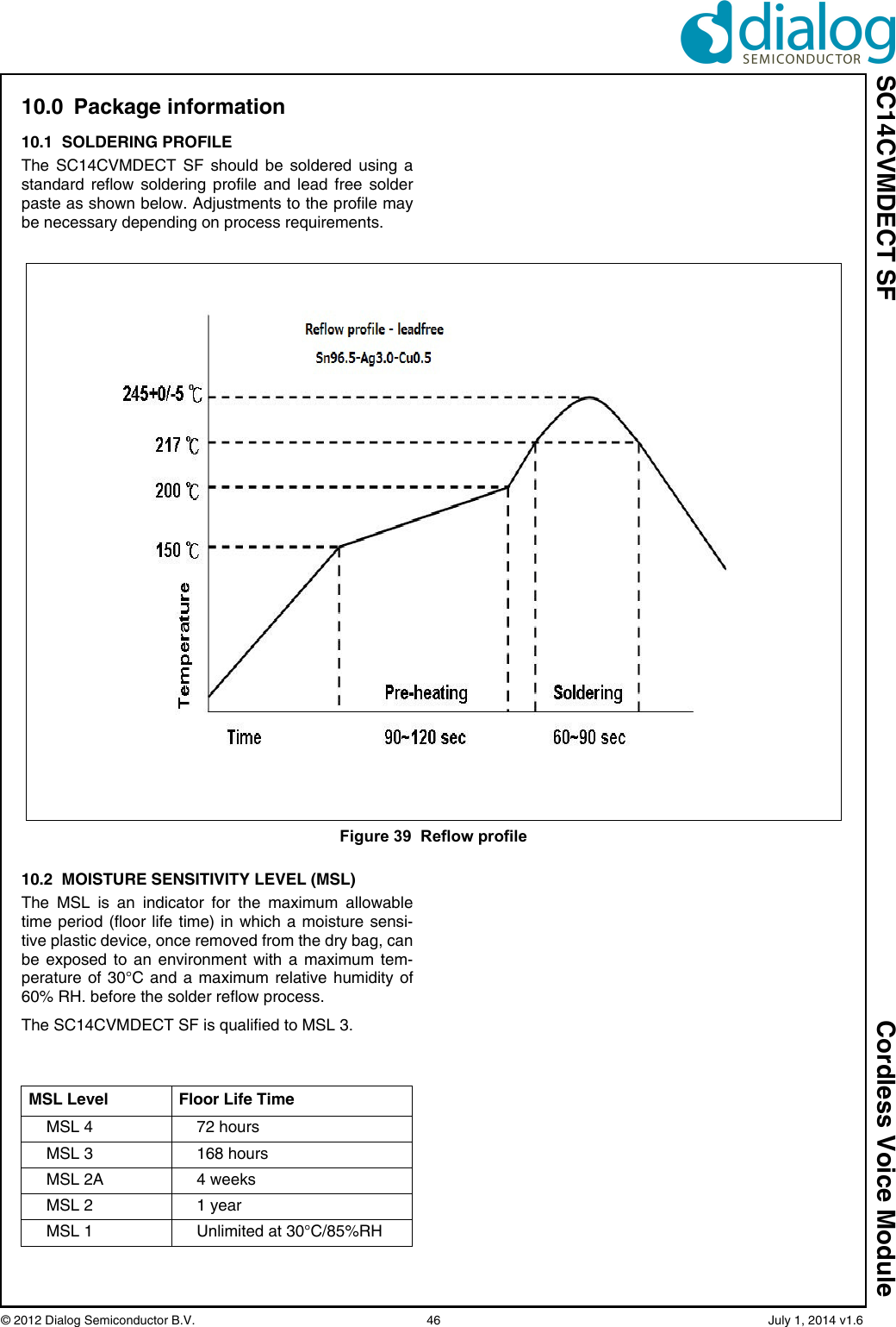 SC14CVMDECT SF Cordless Voice Module© 2012 Dialog Semiconductor B.V.    46   July 1, 2014 v1.610.0 Package information10.1  SOLDERING PROFILEThe SC14CVMDECT SF should be soldered using astandard reflow soldering profile and lead free solderpaste as shown below. Adjustments to the profile maybe necessary depending on process requirements.10.2  MOISTURE SENSITIVITY LEVEL (MSL)The MSL is an indicator for the maximum allowabletime period (floor life time) in which a moisture sensi-tive plastic device, once removed from the dry bag, canbe exposed to an environment with a maximum tem-perature of 30°C and a maximum relative humidity of60% RH. before the solder reflow process.The SC14CVMDECT SF is qualified to MSL 3.Figure 39  Reflow profileMSL Level Floor Life TimeMSL 4  72 hoursMSL 3 168 hoursMSL 2A 4 weeksMSL 2 1 yearMSL 1 Unlimited at 30°C/85%RH