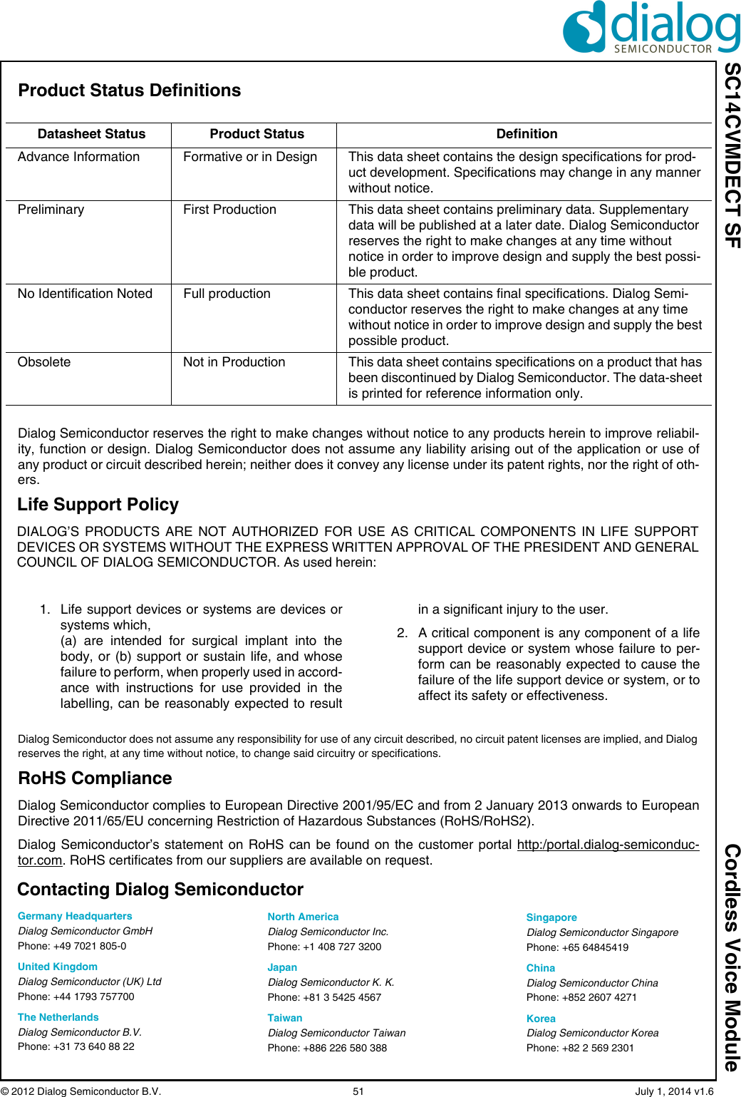 SC14CVMDECT SF Cordless Voice Module© 2012 Dialog Semiconductor B.V.    51   July 1, 2014 v1.6Product Status Definitions Dialog Semiconductor reserves the right to make changes without notice to any products herein to improve reliabil-ity, function or design. Dialog Semiconductor does not assume any liability arising out of the application or use ofany product or circuit described herein; neither does it convey any license under its patent rights, nor the right of oth-ers.Datasheet Status Product Status DefinitionAdvance Information Formative or in Design This data sheet contains the design specifications for prod-uct development. Specifications may change in any manner without notice.Preliminary First Production This data sheet contains preliminary data. Supplementary data will be published at a later date. Dialog Semiconductor reserves the right to make changes at any time without notice in order to improve design and supply the best possi-ble product.No Identification Noted Full production This data sheet contains final specifications. Dialog Semi-conductor reserves the right to make changes at any time without notice in order to improve design and supply the best possible product.Obsolete Not in Production This data sheet contains specifications on a product that has been discontinued by Dialog Semiconductor. The data-sheet is printed for reference information only.Life Support PolicyDIALOG’S PRODUCTS ARE NOT AUTHORIZED FOR USE AS CRITICAL COMPONENTS IN LIFE SUPPORTDEVICES OR SYSTEMS WITHOUT THE EXPRESS WRITTEN APPROVAL OF THE PRESIDENT AND GENERALCOUNCIL OF DIALOG SEMICONDUCTOR. As used herein:1. Life support devices or systems are devices orsystems which, (a) are intended for surgical implant into thebody, or (b) support or sustain life, and whosefailure to perform, when properly used in accord-ance with instructions for use provided in thelabelling, can be reasonably expected to resultin a significant injury to the user.2. A critical component is any component of a lifesupport device or system whose failure to per-form can be reasonably expected to cause thefailure of the life support device or system, or toaffect its safety or effectiveness.Germany HeadquartersDialog Semiconductor GmbHPhone: +49 7021 805-0United KingdomDialog Semiconductor (UK) LtdPhone: +44 1793 757700The NetherlandsDialog Semiconductor B.V.Phone: +31 73 640 88 22Dialog Semiconductor does not assume any responsibility for use of any circuit described, no circuit patent licenses are implied, and Dialog reserves the right, at any time without notice, to change said circuitry or specifications.Contacting Dialog SemiconductorRoHS ComplianceDialog Semiconductor complies to European Directive 2001/95/EC and from 2 January 2013 onwards to EuropeanDirective 2011/65/EU concerning Restriction of Hazardous Substances (RoHS/RoHS2). Dialog Semiconductor’s statement on RoHS can be found on the customer portal http:/portal.dialog-semiconduc-tor.com. RoHS certificates from our suppliers are available on request.North AmericaDialog Semiconductor Inc.Phone: +1 408 727 3200JapanDialog Semiconductor K. K.Phone: +81 3 5425 4567TaiwanDialog Semiconductor TaiwanPhone: +886 226 580 388SingaporeDialog Semiconductor SingaporePhone: +65 64845419ChinaDialog Semiconductor ChinaPhone: +852 2607 4271KoreaDialog Semiconductor KoreaPhone: +82 2 569 2301