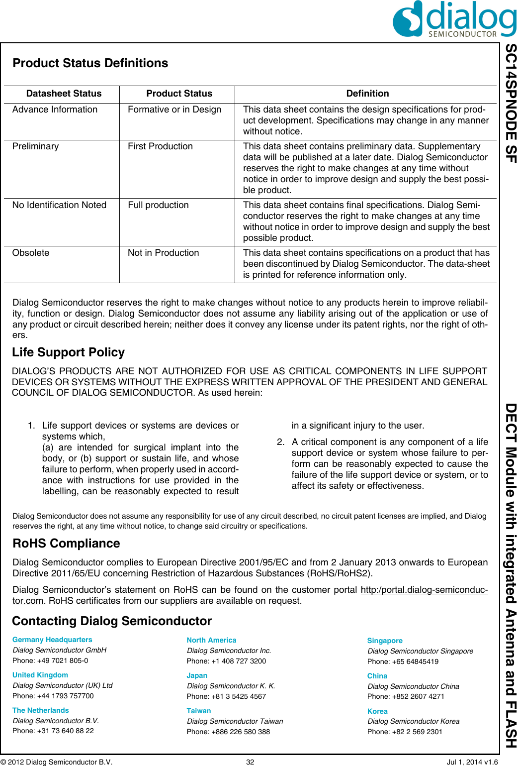SC14SPNODE SF DECT Module with integrated Antenna and FLASH© 2012 Dialog Semiconductor B.V.  32   Jul 1, 2014 v1.6Product Status Definitions Dialog Semiconductor reserves the right to make changes without notice to any products herein to improve reliabil-ity, function or design. Dialog Semiconductor does not assume any liability arising out of the application or use ofany product or circuit described herein; neither does it convey any license under its patent rights, nor the right of oth-ers.Datasheet Status Product Status DefinitionAdvance Information Formative or in Design This data sheet contains the design specifications for prod-uct development. Specifications may change in any manner without notice.Preliminary First Production This data sheet contains preliminary data. Supplementary data will be published at a later date. Dialog Semiconductor reserves the right to make changes at any time without notice in order to improve design and supply the best possi-ble product.No Identification Noted Full production This data sheet contains final specifications. Dialog Semi-conductor reserves the right to make changes at any time without notice in order to improve design and supply the best possible product.Obsolete Not in Production This data sheet contains specifications on a product that has been discontinued by Dialog Semiconductor. The data-sheet is printed for reference information only.Life Support PolicyDIALOG’S PRODUCTS ARE NOT AUTHORIZED FOR USE AS CRITICAL COMPONENTS IN LIFE SUPPORTDEVICES OR SYSTEMS WITHOUT THE EXPRESS WRITTEN APPROVAL OF THE PRESIDENT AND GENERALCOUNCIL OF DIALOG SEMICONDUCTOR. As used herein:1. Life support devices or systems are devices orsystems which, (a) are intended for surgical implant into thebody, or (b) support or sustain life, and whosefailure to perform, when properly used in accord-ance with instructions for use provided in thelabelling, can be reasonably expected to resultin a significant injury to the user.2. A critical component is any component of a lifesupport device or system whose failure to per-form can be reasonably expected to cause thefailure of the life support device or system, or toaffect its safety or effectiveness.Germany HeadquartersDialog Semiconductor GmbHPhone: +49 7021 805-0United KingdomDialog Semiconductor (UK) LtdPhone: +44 1793 757700The NetherlandsDialog Semiconductor B.V.Phone: +31 73 640 88 22Dialog Semiconductor does not assume any responsibility for use of any circuit described, no circuit patent licenses are implied, and Dialog reserves the right, at any time without notice, to change said circuitry or specifications.Contacting Dialog SemiconductorRoHS ComplianceDialog Semiconductor complies to European Directive 2001/95/EC and from 2 January 2013 onwards to EuropeanDirective 2011/65/EU concerning Restriction of Hazardous Substances (RoHS/RoHS2). Dialog Semiconductor’s statement on RoHS can be found on the customer portal http:/portal.dialog-semiconduc-tor.com. RoHS certificates from our suppliers are available on request.North AmericaDialog Semiconductor Inc.Phone: +1 408 727 3200JapanDialog Semiconductor K. K.Phone: +81 3 5425 4567TaiwanDialog Semiconductor TaiwanPhone: +886 226 580 388SingaporeDialog Semiconductor SingaporePhone: +65 64845419ChinaDialog Semiconductor ChinaPhone: +852 2607 4271KoreaDialog Semiconductor KoreaPhone: +82 2 569 2301