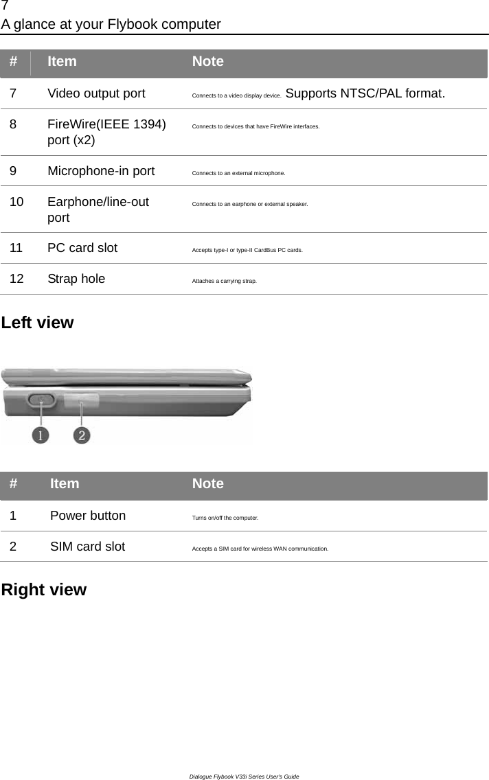 7 A glance at your Flybook computer Dialogue Flybook V33i Series User’s Guide #  Item  Note 7  Video output port    Connects to a video display device. Supports NTSC/PAL format. 8  FireWire(IEEE 1394) port (x2) Connects to devices that have FireWire interfaces. 9 Microphone-in port  Connects to an external microphone. 10  Earphone/line-out port Connects to an earphone or external speaker. 11  PC card slot  Accepts type-I or type-II CardBus PC cards. 12 Strap hole  Attaches a carrying strap.  Left view    #  Item  Note 1 Power button  Turns on/off the computer. 2  SIM card slot  Accepts a SIM card for wireless WAN communication.  Right view  