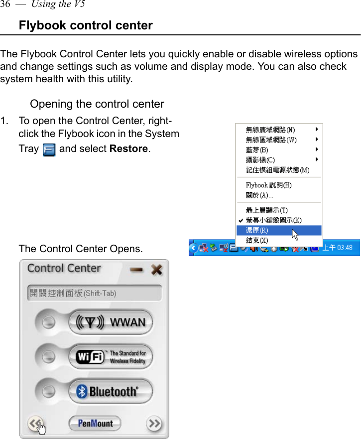 36  —  Using the V5Flybook control centerThe Flybook Control Center lets you quickly enable or disable wireless options and change settings such as volume and display mode. You can also check system health with this utility.Opening the control center1. To open the Control Center, right-click the Flybook icon in the System Tray  and select Restore. The Control Center Opens.