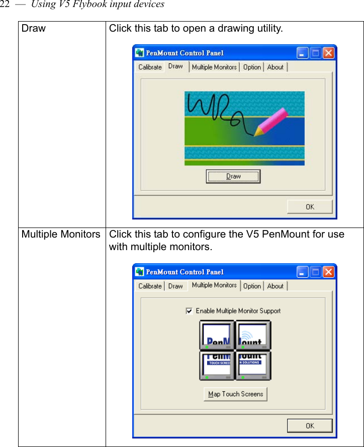 22  —  Using V5 Flybook input devicesDraw Click this tab to open a drawing utility.Multiple Monitors Click this tab to configure the V5 PenMount for use with multiple monitors.