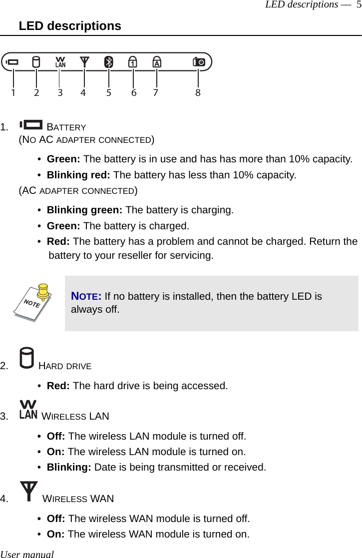 User manualLED descriptions —  5LED descriptions1.  BATTERY (NO AC ADAPTER CONNECTED)•  Green: The battery is in use and has has more than 10% capacity. •  Blinking red: The battery has less than 10% capacity.(AC ADAPTER CONNECTED)•  Blinking green: The battery is charging.•  Green: The battery is charged.•  Red: The battery has a problem and cannot be charged. Return the battery to your reseller for servicing.2.  HARD DRIVE•  Red: The hard drive is being accessed.3.  WIRELESS LAN•  Off: The wireless LAN module is turned off.•  On: The wireless LAN module is turned on.•  Blinking: Date is being transmitted or received.4.  WIRELESS WAN•  Off: The wireless WAN module is turned off.•  On: The wireless WAN module is turned on.NOTE: If no battery is installed, then the battery LED is always off.1234 5 67 8